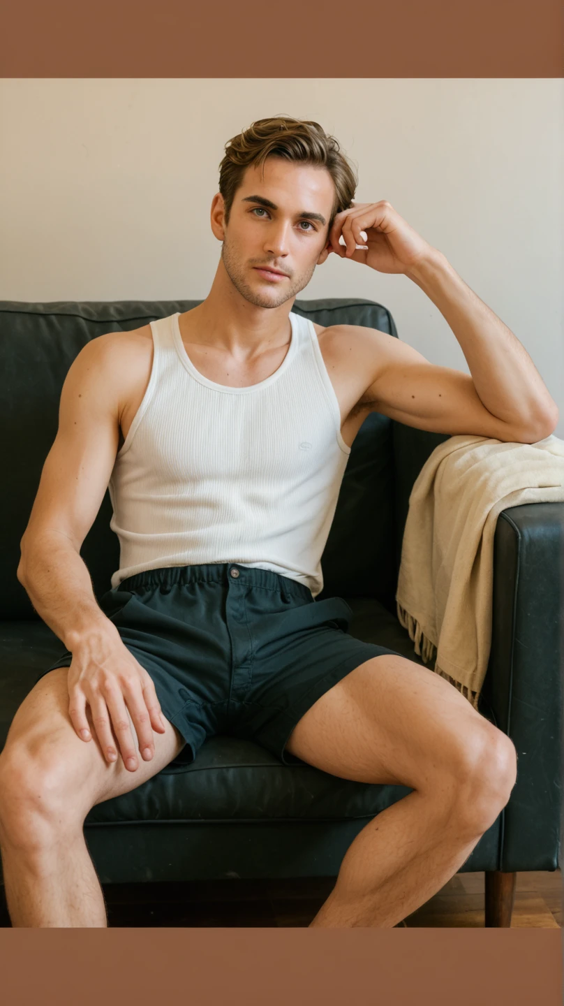 man,Handsome face,white skin,Not wearing a shirt,Six pack,thin,Wear black shorts,There is a brown brooch.,He's on the couch.
