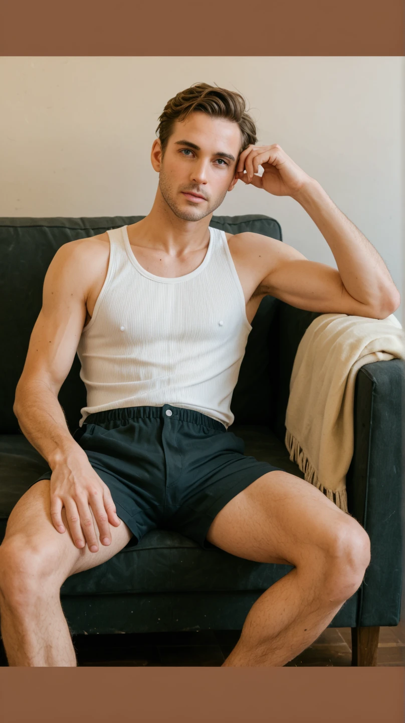 full body view white male fitness blond model blond guy with stylish undercut haircut, chiseled jaw , in white leather shorts, in long white socks , no shoes, Golden rings, comfortably sitting on couch, showing off his white socks, watching football match on TV, in The most luxurious modern apartments in Dubai with large windows on Dubai,Perfect hand details,Perfect footsteps details