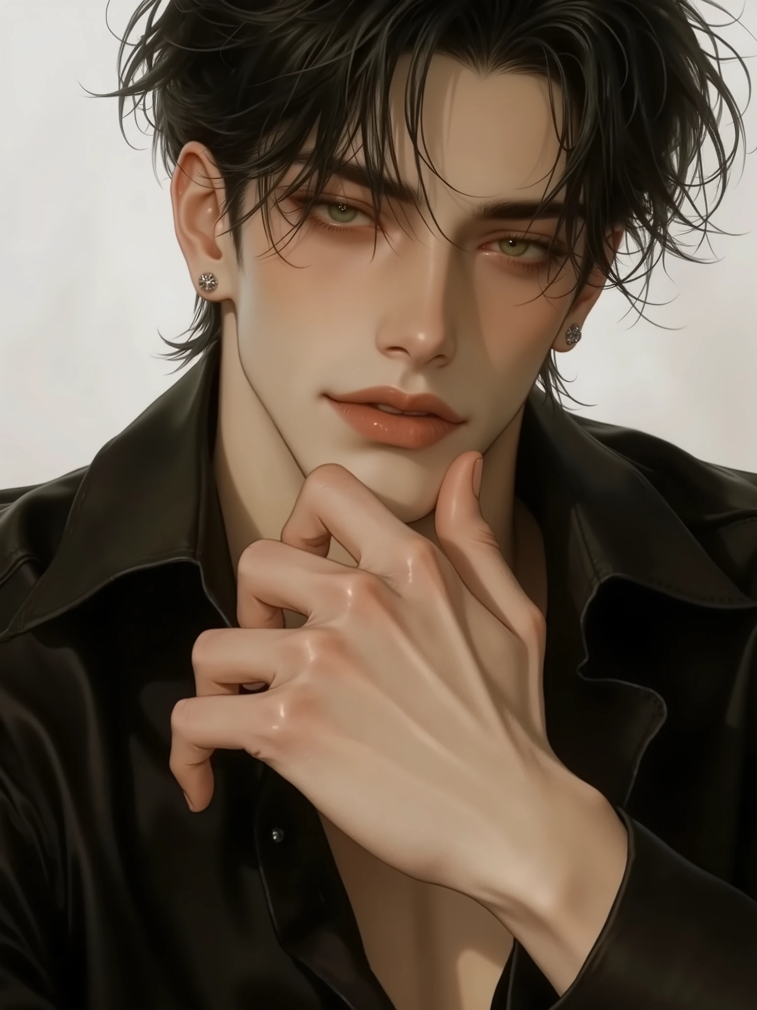 (masterpiece , best quality , amazing quality , very aesthetic , high resolution , ultra-detailed , absurdres , optimal quality , wide-angle lens),
A handsome , man with sharp ,((Emotionless)), Black hair,(green eyes) , fit, toned, short hair , upper body, short hair , ((expressionless,)) eyes , Tightly closed lips , well-shaped mouth , pale skin , tall and fit body with defined muscles, abs , mullet hair, {{{fine eyes }}}, Modern , fashion style, black shirts , broad shoulders , statue-like body , well-toned muscles , upper body shot , cowboy shot ,Korean Male, ,Styling Hair , Dynamic warm lighting , dramatic shadows . Cinematic lighting ,( White background )