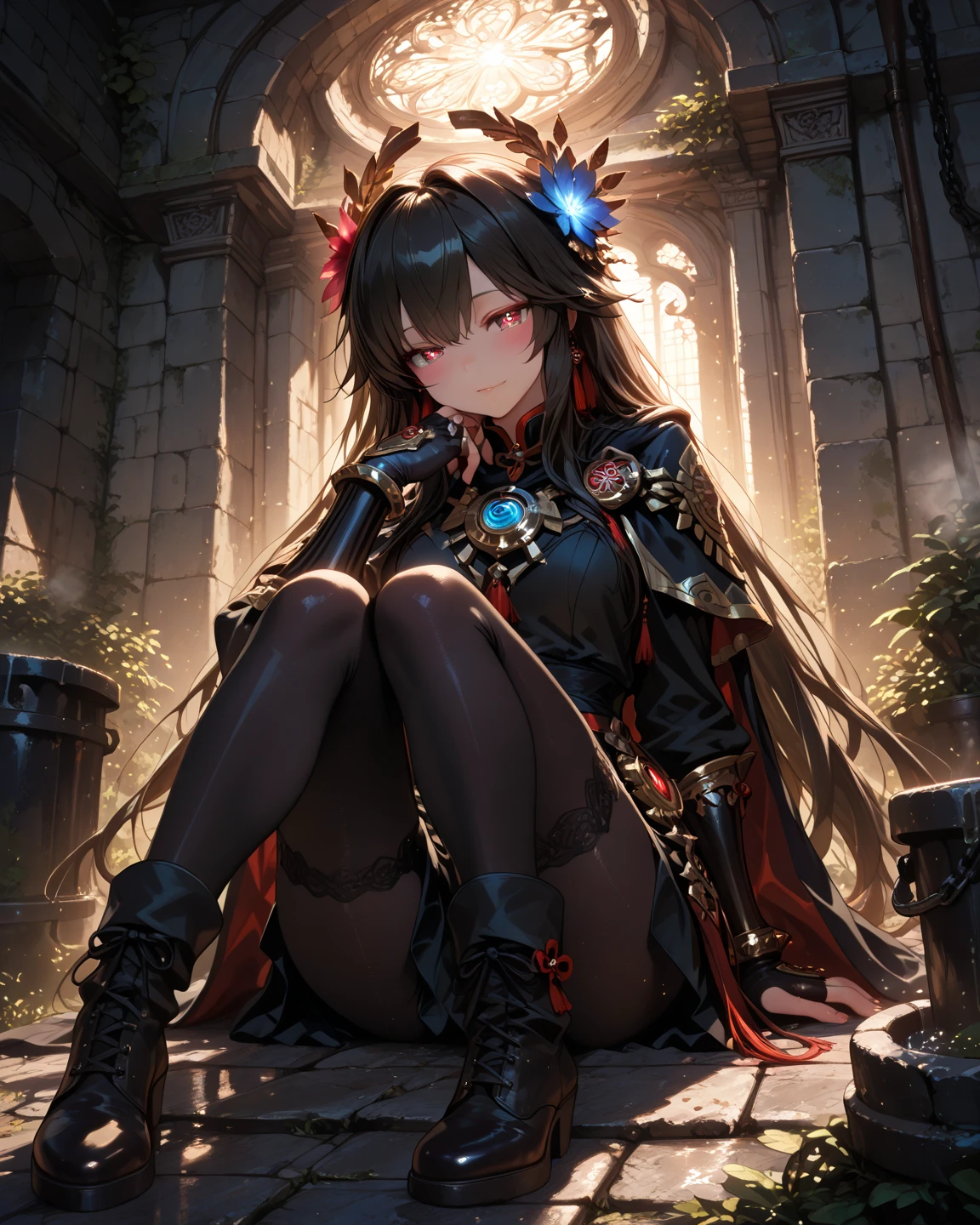 full_body,armor_bikini,armor_gloves,armor_boots,garter_belt,necklace,earrings,pubic_tatoo,moonlight,starlight,forests,stary_sky,beautiful_sky,beautiful_forests,fog,blush,night,campfire,sitting_on_chair,beautiful_black_and_bronde_multicolored_hair,beautiful_yellow_eyes,1_beautiful_girl,cute_face,pretty_face,beautiful,perfect_quality,perfect_anatomy,perfect_body,masterpiece,