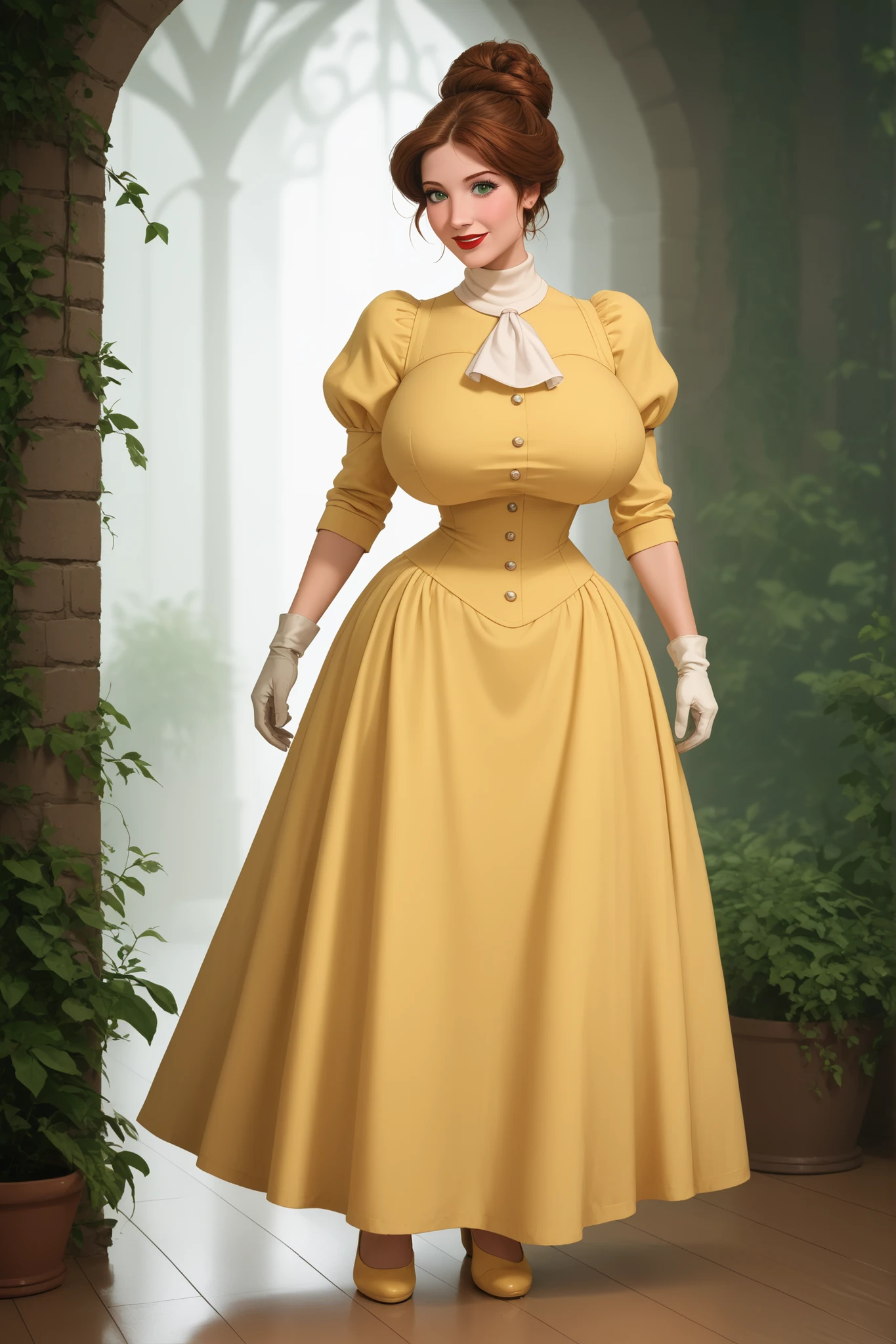 1girl, (Disney Princess Jane Porter is standing:1.3), Jane Porter has dark brown hair tied back in a messy bun, she has green eyes, full red lips, and a subtle smile. She is wearing a yellow gown with a simply designed bodice, Victorian style, turtleneck, ascot, small puffy sleeves, white gloves, large hip swags, floor length. (Jane has gigantic breasts:1.3), (Jane has extremely wide hips:1.4). Full body, nature background