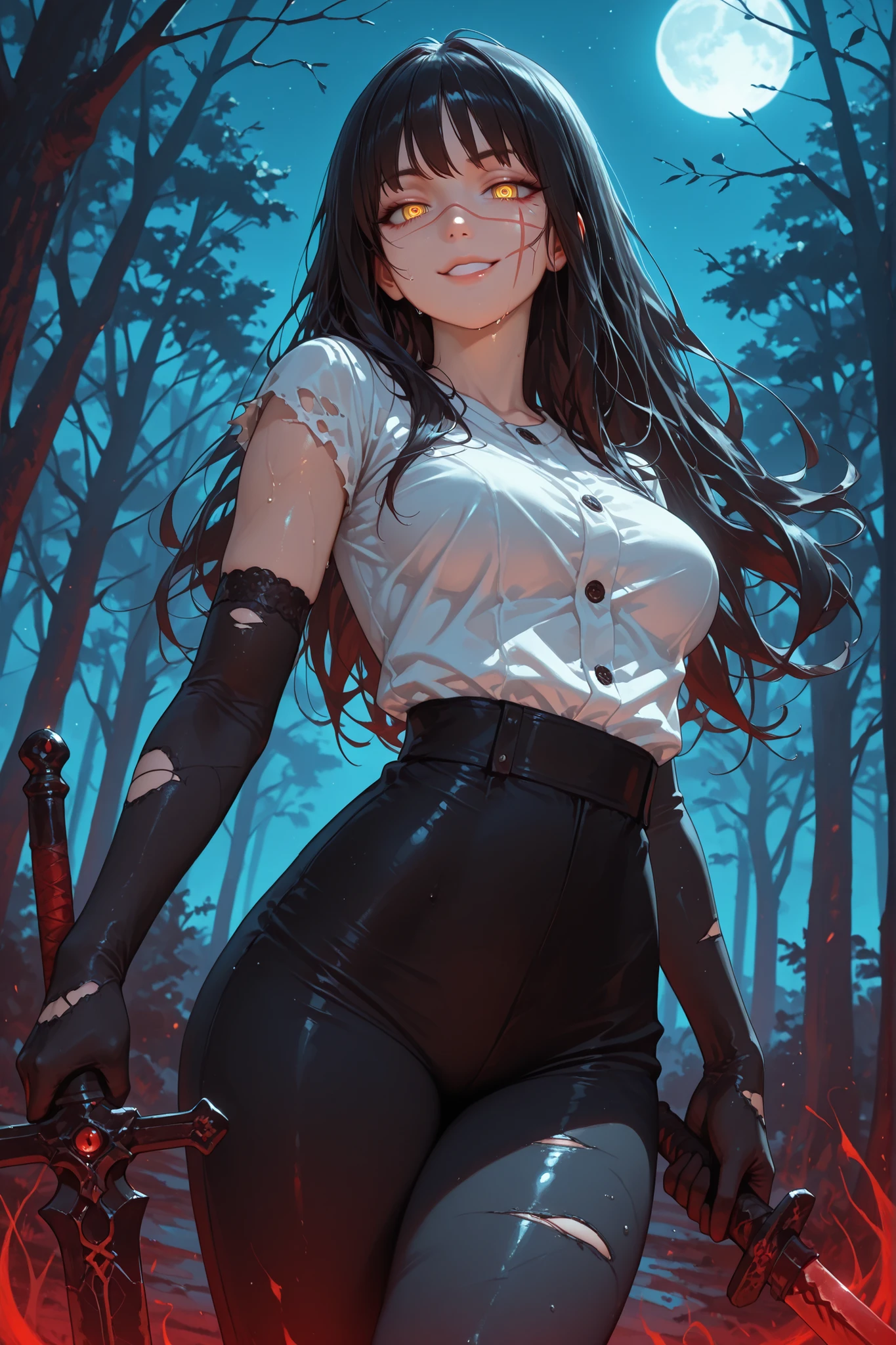 1girl, Yoru , scar on cheek, cross scar, long hair, black hair, yellow/red eyes, ringed eyes, seductive look, ironic smile, sweat, looking at viewer, white shirt, medium breasts, torn sleeves, elbow-length gloves, black gloves, tight black pants, holding a sword in his right hand, sword with red blade and blue aura, standing, outdoors, open field, trees, night, looking at viewer, sexy, sensual, very beautiful, detailed hands, dynamic pose, dynamic angle, seductive, best quality, masterpiece, ultra detailed, very aesthetic