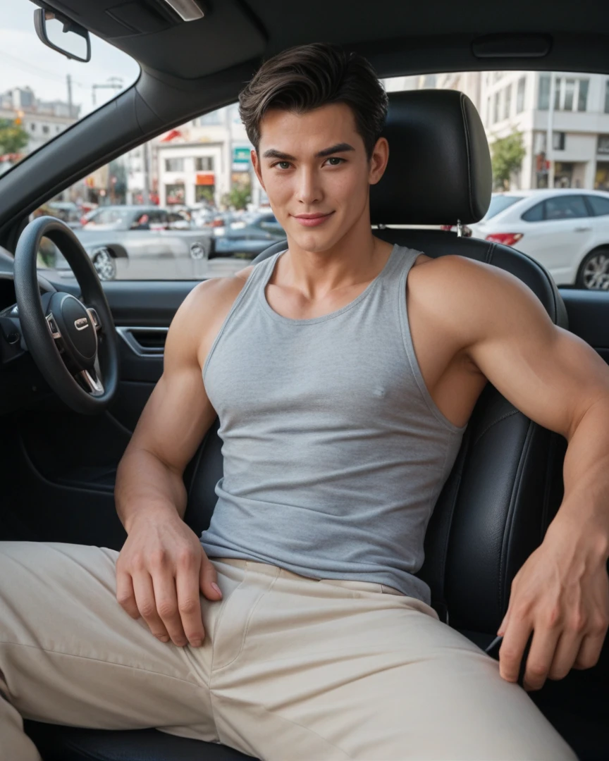 Belami Kris Evams, Fed man in shirt sitting in car, Andrés Ríos, professional, 40 age, professional picture, Very, very high quality pictures