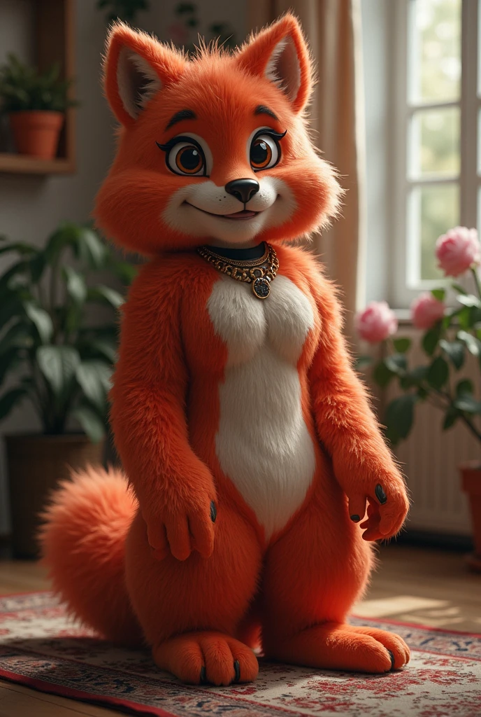 Anthropomorphic fox, In good shape, Pale pink fur, White, Smile, Handsome, nice, house background, canine, male, giggle, (Slim, muscular, delicate eyes), boxers,Shy,naked,necklace macro size feet focus 8k picture