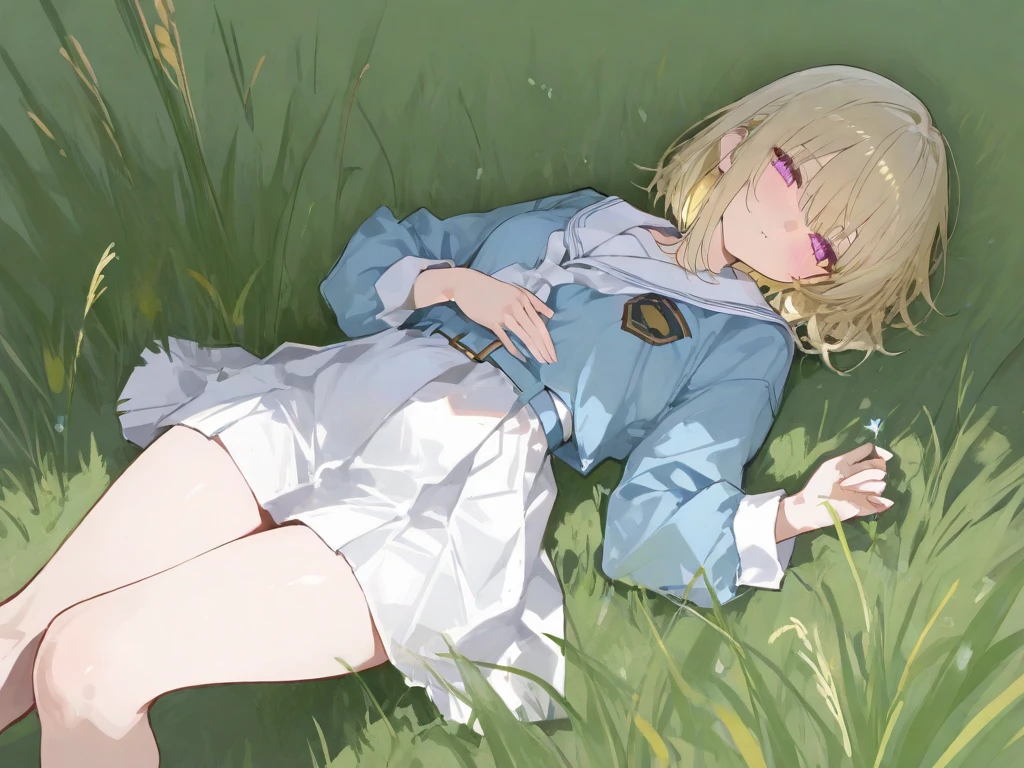 best quality, masterpiece, small breasts, smile, sweatshirt, leggings, outdoors, anime style, grass field, daytime, blue sky, blue eyes, detailed eyes, medium hair, blonde hair, loose hair, bangs, lying down, ass,