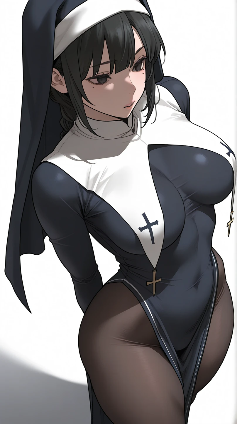 (masterpiece, best quality, perfect hourglass figure), busty, portrait, long purple hair, perfect face, flawless eyes, red eyes, fit, empty gradient background, beautiful lips, blush, full lips, mature adult, huge breasts, wide smile, (arms behind back), tan, dark skin, saggy breasts, perfect waist, in makeup, cowboy shot, NUN, BREAST CURTAINS, PELVIC CURTAIN, looking at viewer, sanpaku