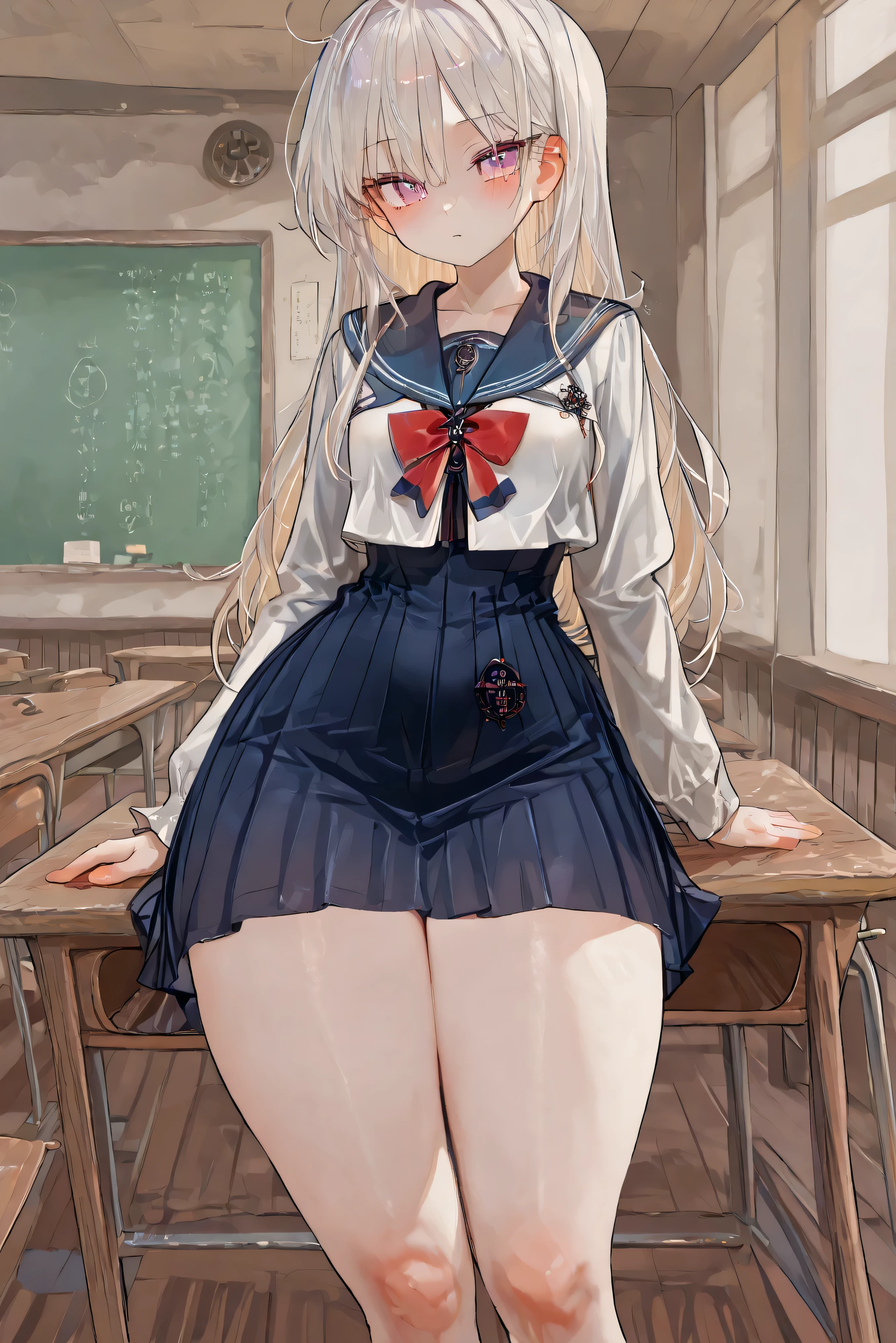 A petite Japanese schoolgirl with a slender, delicate frame sits on a wooden school desk, wearing a fitted navy blue sailor uniform. Her blouse gently contours her modest bust (small but natural for her age), emphasizing her narrow waist. The short pleated skirt subtly rides up, showcasing her soft yet thick thighs