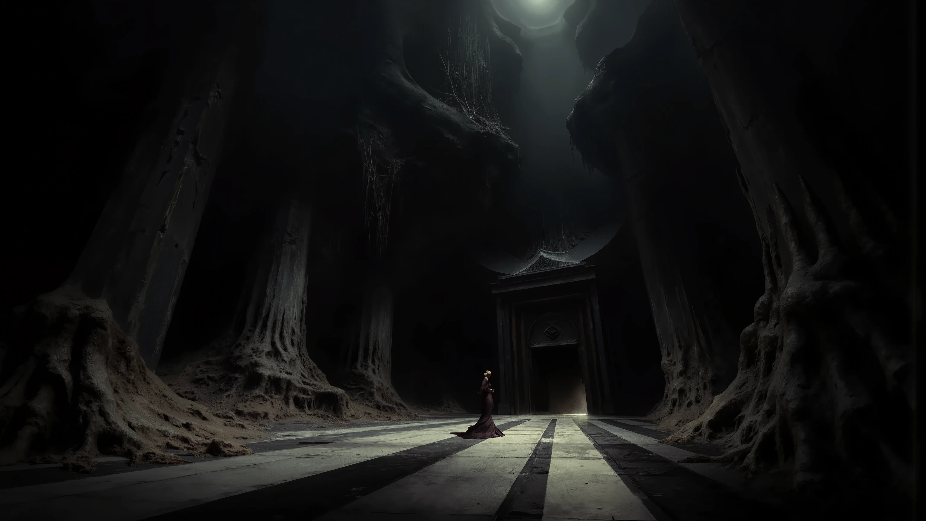 A figure standing on a huge, Huge hall, are shrouded in the dark, emphasizes the dramatic effects of light and shadow. high, 雄伟的柱子和high拱形的拱门环绕着这个Character, The overall atmosphere. Character, and, . The grandeur of style, casting a long shadow,extends over the tiled floor. The architectural features are abstract, An almost complete, Using a sharp , with angular lines. that crosses the dark, 唤起一种神秘感和崇high感. 极简主义的光线使用突出了high耸结构的high度和规模, creates a composition that is both oppressive and majestic.a strange church in the basement,to the dome that connects the top of the church to the huge patterned columns on both sides of the basement,with underground rock and dirt on the top,There are also hanging tree roots,columns have sharp patterns,with a low-angle wide-angle view of the church's gate,The gate opens a slit,dark tones,Hidden in the shadows,only faint candlelight shines through the door to form a band of light on the ground,cloudy atmosphere,Deep Depth of Field,大Wide-angle composition。A sense of emptiness in the scene,Sacred, Grid light and shadow,creates a dramatic and fascinating contrast, Dark Tones,Film composition ,Wide-angle composition,Movie lighting ,Art by Piotr Jabłońsrk4RT,Billie Eilish