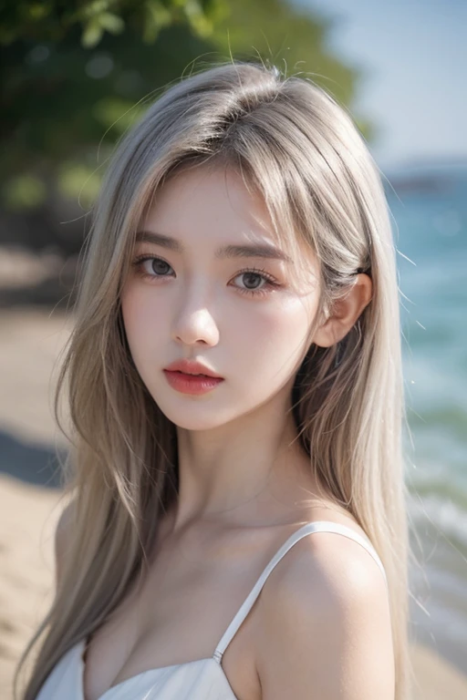 1 Girl, Beautiful, Baby Face, 20 Years Old, White Skin, Large Breasts, Sleeveless, Cleavage, White Modern Oversize T-shirt, Posing For Photos, Beautiful Blue Sea, Blue Sky, Grey Hair, Silver Straight Hair, ((adorable:1.1)), ((masterpiece:1.1)), Sleepy Cute Face