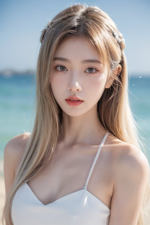 1girl, Blue eyes, (smile), (Sana Minatozaki), wide hips, Big Boobs, big ass, (Best Quality, 8k, Masterpiece: 1.3), perfect hands, Clear Focus: 1.2, Perfect Body Beauty: 1.4 , Slender Abs: 1.2, Highly detailed face and skin texture, detailed eyes, double eyelids, (close-up at face :1.3), (blonde long hair), (red bikini), (holding her tits :1.2) on the beach, sea in the background