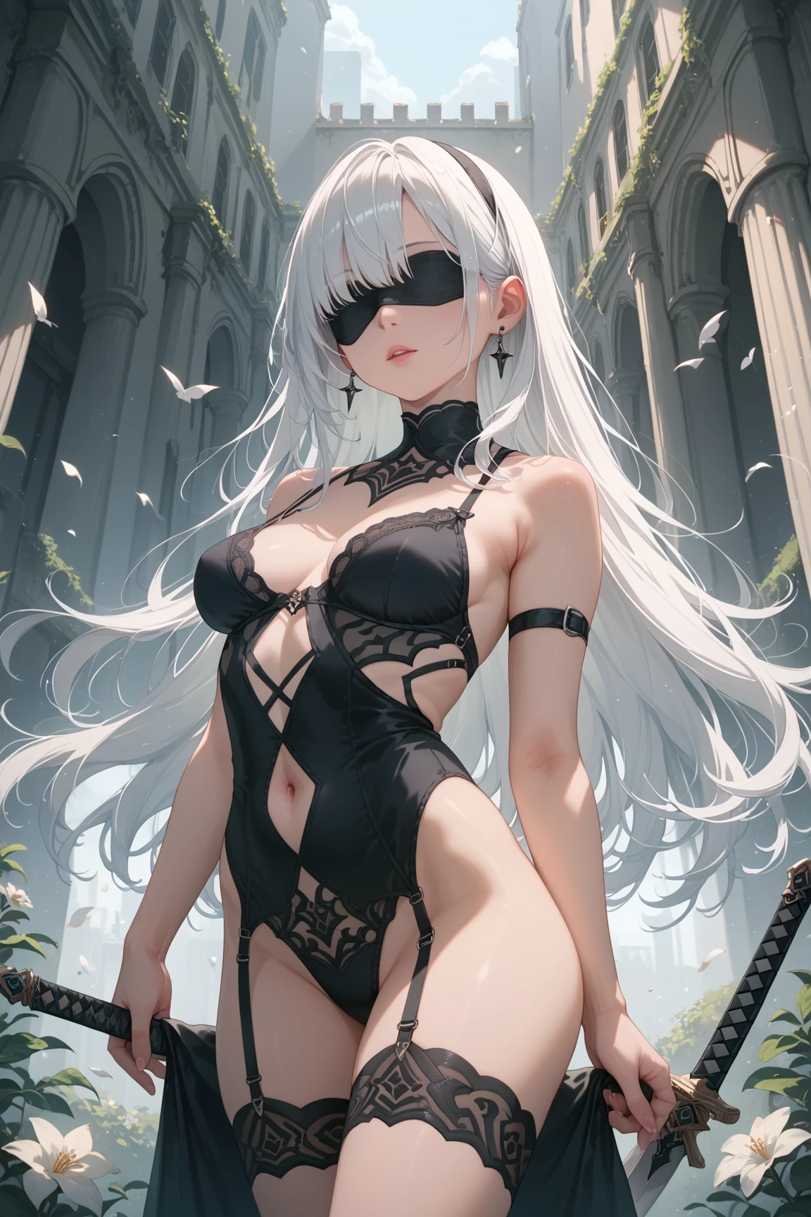 {best quality}, {very aesthetic}, {very detailed}, {best illustrations}, nsfw, girl, E solo, full shot, naked, no panties, full body fishnet stockings, 、white background