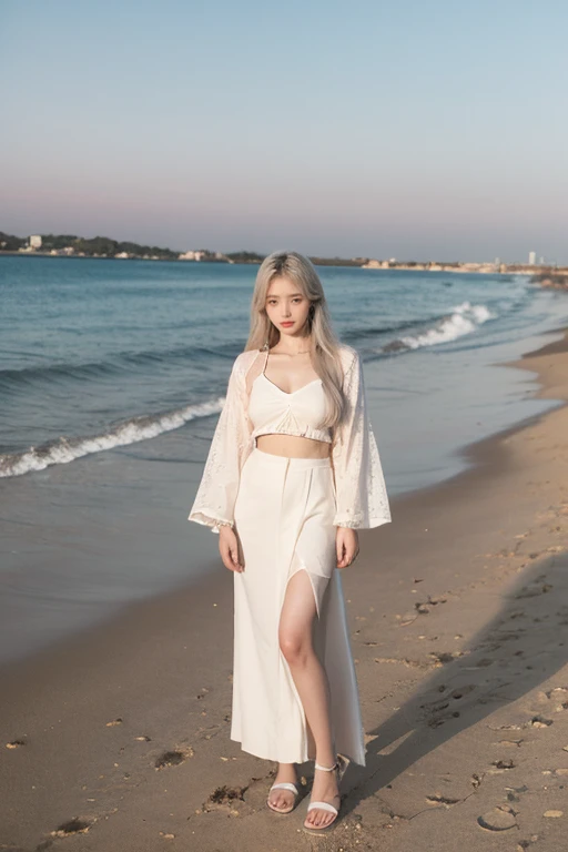 8K, Photographic imageasterpiece、最high quality、Super-resolution、Low angle image、Beauty with golden curly hair、((BlondeBeauty))、With bangs、Impossibly cute face、And slim、Small breasts, high quality、T Masterpiece、Exquisite Function、Delicate eye、delicate golden hair、8K quality、Pale light and shadow、Dindal effect、disheveled golden hair、With bangs、(logo、masterpiece、8k、Tabletop、RAW Photos、wonderful、最high quality、Photorealistic and very detailed CG synthesis 8k wallpaper、high quality、Very detailed、Narrative poem、Particle Effects、Dynamic Effects、Written boundary depth、Cinematic Light、Lens flare、Ray Tracing)、Fantasy、Angle from the front ground、Standing full body image、 (One beautiful woman、Strong Wind、The skirt is being lifted up by the wind、See-through T-shirt、A slightly see-through white long skirt、Erotic underwear is visible through、Tube top、Crop top、High heels、Blonde、Beautiful Face、True Face、Beautiful details、eye、Beautiful Skin、Ultimate Body、glamorouy skirt flutters in the wind、Hair flutters in Wind、Hair bounces、bedroom、Wonderful views、Coastal、sunrise、Sun in the background、Wind、