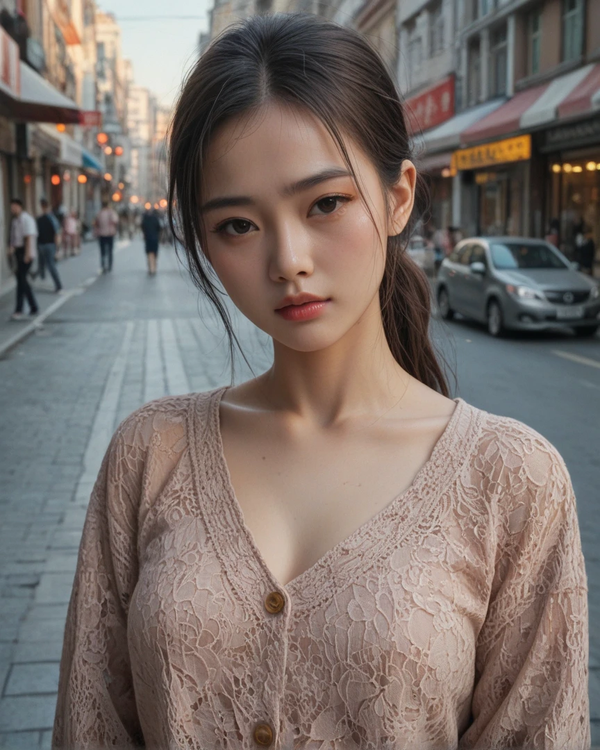 (top-quality、8k、masterpiece)、(The best illustrations)、extremely delicate and beautiful、Unity、Amazingly fine detail、超A high resolution、extra detailed face、oval-face、Superbly detailed eyes、de pele branca、Real human skin、(Happiness:1.2)、(Best Shadows:1.1)、(photo realistic1.4)、Realistic facial proportions、a handsome female、独奏、(Large breasts)、Slimed、Watch the viewer with calm, goddess-like eyes、(oversize jacket:1.3)、(Fashion Shirts:1.1)、(lipgloss、Gloss Face:1.2)、bobhair、(irregular skin imperfections、vein:1.1)、Sunnyday、eye lashes、Natural shading、Cityscape