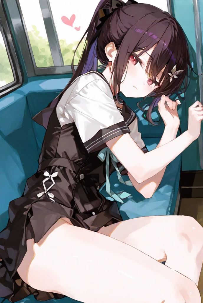 (Highest quality), (masterpiece), 1080P, High resolution, 4K, 8K, Selfie, Thigh straps, Shooting from directly below, spanning me, The woman on top of me, Nipples, White panties, Gothic Lolita, White sweat, Covered , Sweaty, Woman looking down, To achieve this, 16 years old, Small breasts, Upper Body, Black leather shoes, Braided hair, Ear hair, Inner Color, Embarrassed face, Long purple hair, Yellow Eyes, bracelet, train