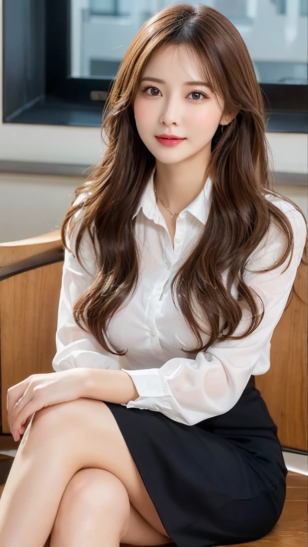 (1 Korean star with royal sister style), ((Best quality, 8K, 巨作: 1.3)), focal point: 1.2, Perfect body proportions: 1.4, (Make a smile), (raytrace),Watery eyes, highly detailed face and skin textures, Fine eyes, Double eyelids, Whitens the skin, (length hair, Air bangs: 1.3), (Round face: 1.5), (white shirt,Skirt that wraps hips: 1.4), (Sit on a high chair and show off your figure: 1.6),(white stockings: 1.4),(film grain style:1.3),a sense of atmosphere