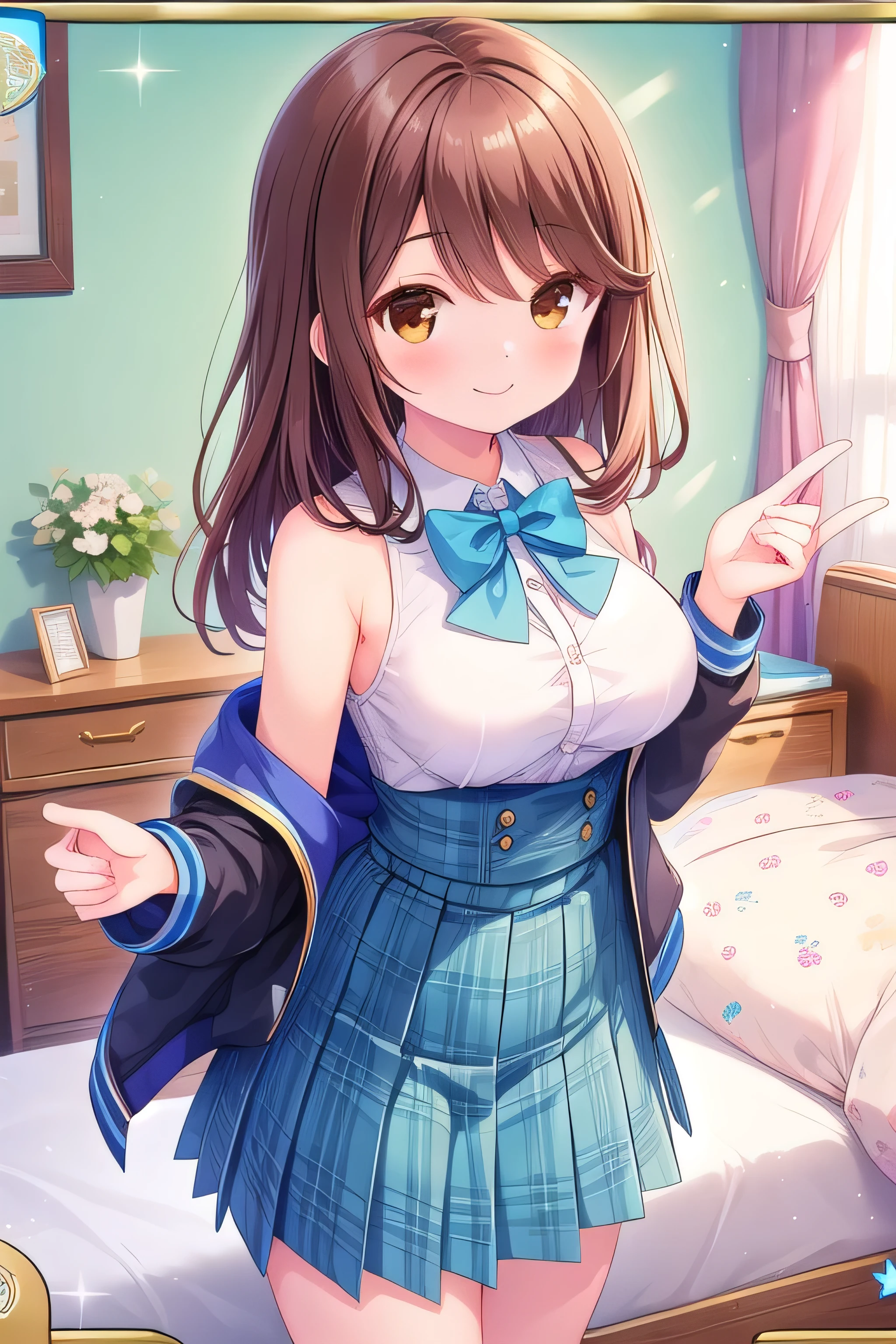 (masterpiece, best quality), highly detailed background, perfect quality, shiina kokomi, solo, brown hair, long hair, brown eyes, breasts, blue jacket, white shirt, blue bowtie, blue skirt, plaid skirt, smile, happy, fully shoulders, big breasts, room,