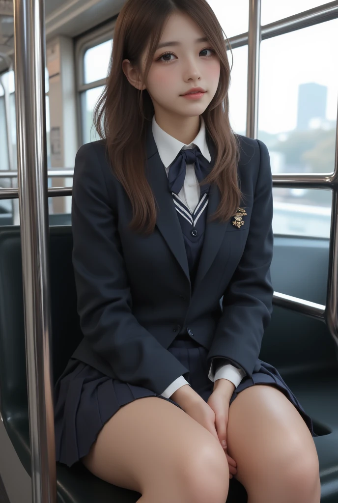 1 girl, extremely bright backlight, Solo, {Beautiful and detailed eyes}, Autumn morning, Large breasts, Calm expression, Natural and soft light, Delicate facial features, Blunt bangs, Beautiful Korean Girl, Smile in the eyes, very small earrings, 20yr old, ((model poses)), Glamour body type,(Colorful hair, half red hair、half brown hair:1.2),Real Hand, masutepiece, Best Quality, Photorealistic, Ultra-detailed, Finely detailed, High resolution,Brown messy hair, Perfect dynamic composition, Beautiful detailed eyes, Asian Girl,((nervous and embarrassed)),foco nítido, beauty mix, Movie girl,(Smile:1.3),(Wearing a brown school blazer uniform,Brown pleated skirt:1.3),(Longhair:1.3),(Sitting in a train seat.:1.3),(Closed eyes:1.3),(tilting your head:1.1),(with spreading legs:1.4),(Hands behind your back:1.3),(I can see panties:1.5),fullllbody