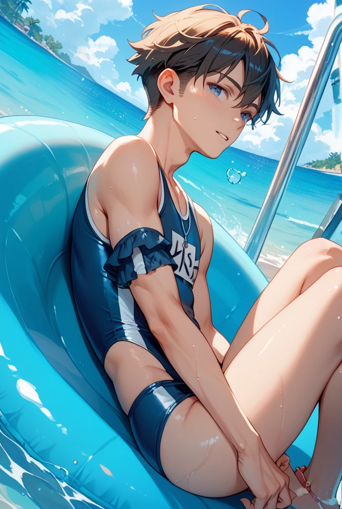 Handsome Japanese male models Short cut Slim figure barefoot smile looking at the camera soaked Ocean Bright blue tight-fitting spats-type swimwear sit Topless