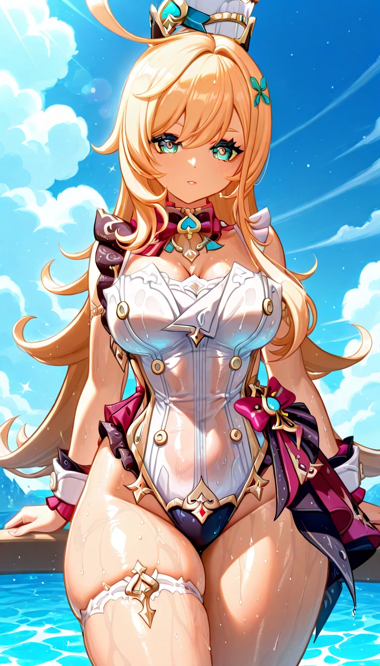 (masterpiece:1.2), (highest quality:1.2), perfect eyes, perfect face, perfect lighting, sunlight, outdoor, desert, 1 girl, blonde, yellow-green eyes, one eye closed, (((wavy hair))), bun_head, blunt bangs, medium hair, (White bikini armor with transparent nipples), cute eyes, closed mouth, ((from above)), ((front), wariza, ((grin)), spoken heart, (big breasts)
