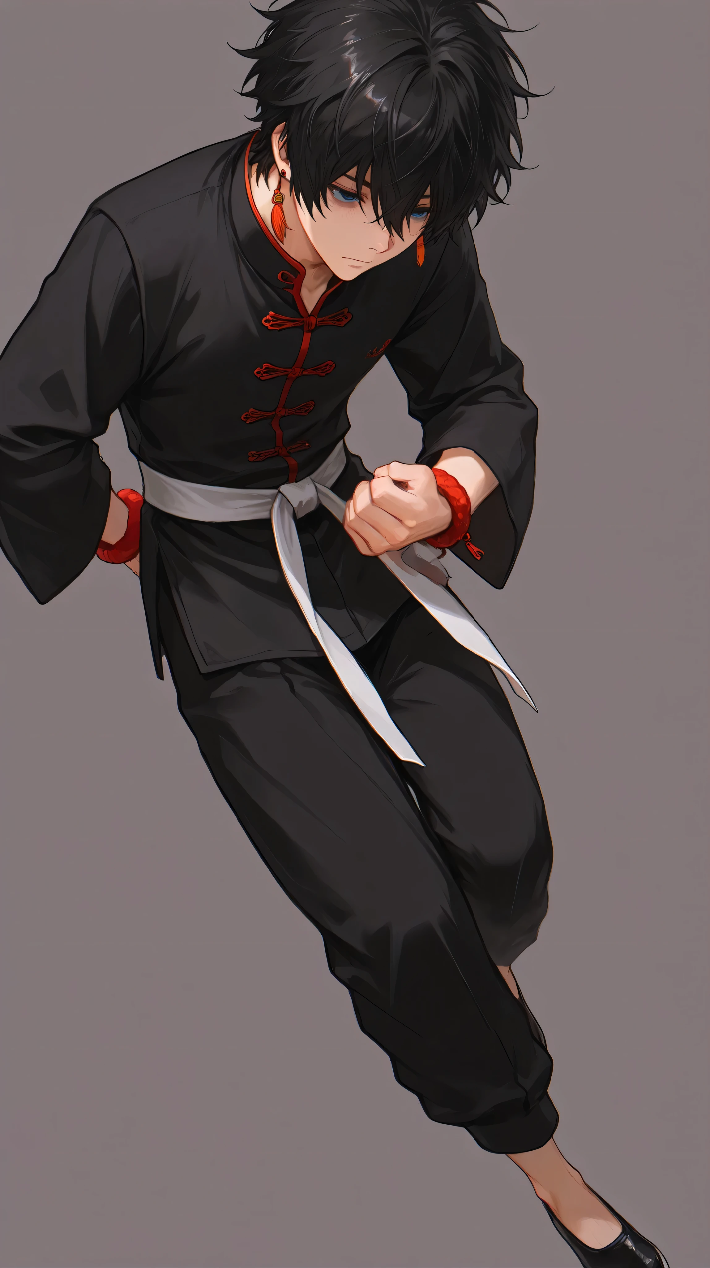 One male, short hair, messy hair, black hair, tired eyes, lazy look, blue eyes, red chinese lantern earrings, traditional martial artist uniform, black uniform, chinese lucky bracelets, red bracelets, black traditional chinese pants, white martial belt, kung fu shoes, traditional chinese shoes, black shoes, front view, fullbody angle, simple background, face close up