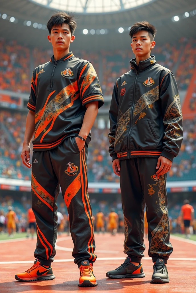 A real image full body of A captivating and stunning concept art piece featuring a Malay couple, dressed in modern, sports sweater outfit adorned with black-yellow-orange theme, inspiration from Malaysia's flag color and less tiger stripes. The woman wearing black hijab with very less stripes, and the man wear a ca. The outfits with Malaysia's logo badge are rendered in incredible detail with unique batik art and modern pattern, utilizing the power of Unreal Engine 5 and captivating viewers with their fantastical concept and 8k resolution. The background is white-grey hue, allowing the intricate details of the clothing to stand out and draw focus., photo