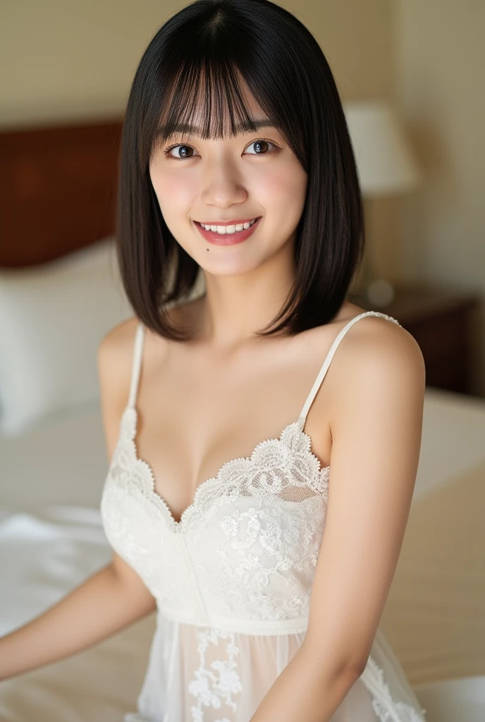 Beautiful 25 year old  woman, small breasts。She is wearing a sexy wedding dress. She is shying and smiling on illuminated by the evening bedroom lights . romantic sunset. her black hair. High resolution、masterpiece、highest quality、頭w:1.0、((Hasselblad Photos))、fine skin、(movie lighting)、clavicle . 