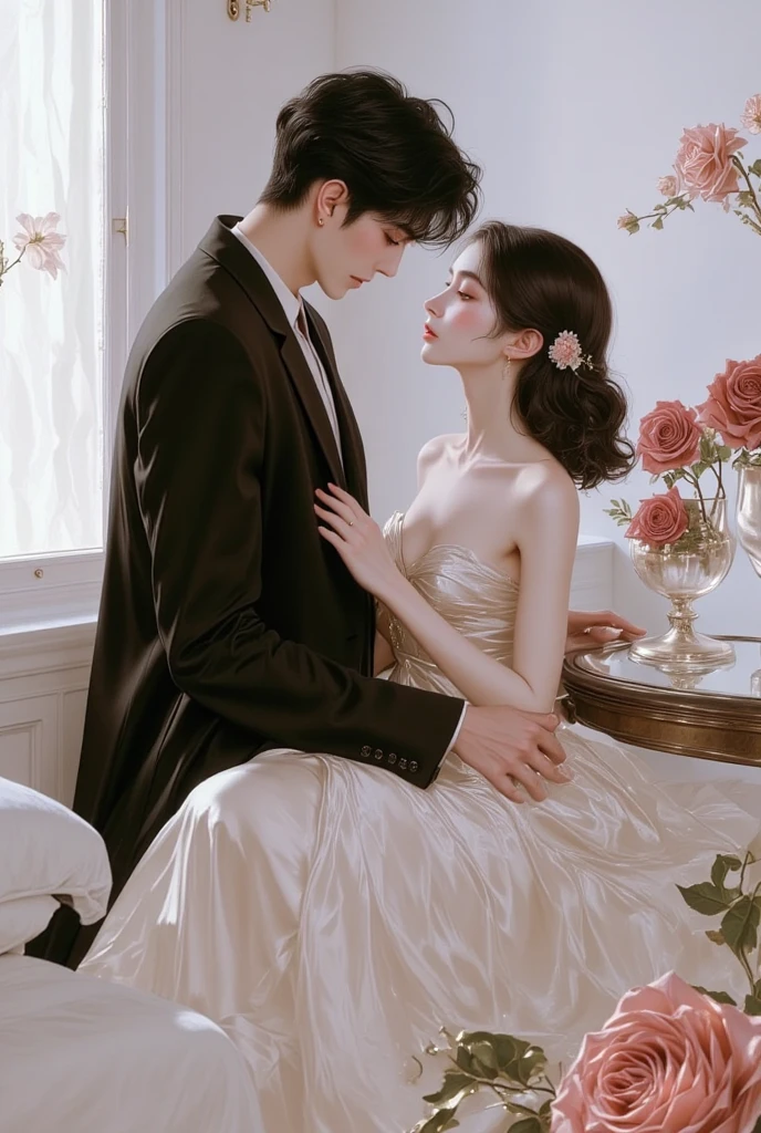 fanart; 1girl, 1boy, dress, outdoors, red sky, yellow bow,, ultra detailed