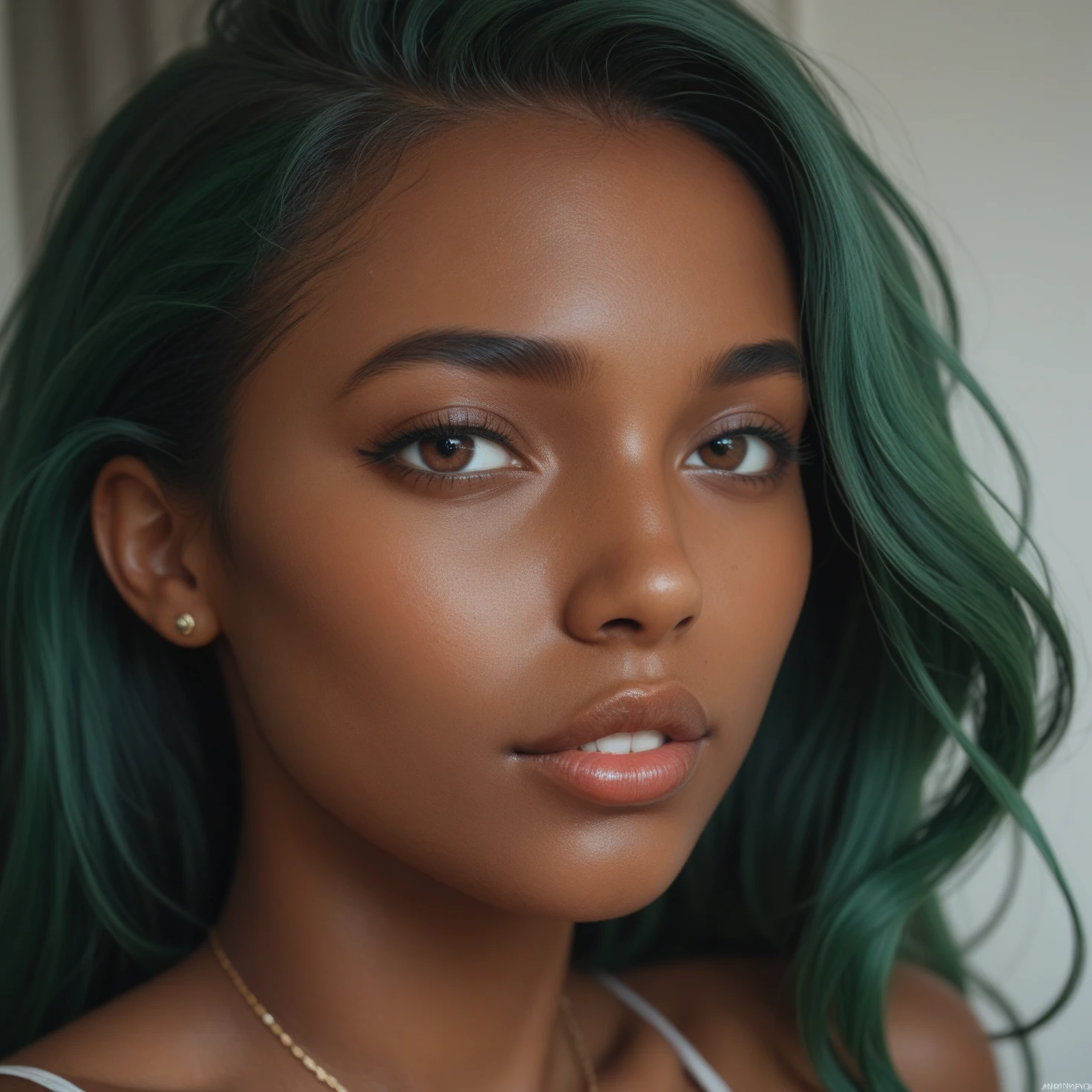 arafed instagram black supermodel, biracial features, mid-length green hair, pale skin, perfect face, looking hot, Victoria secret model body, megan good harsh polaroid flash, vintage quality, in the night, dark background, one girl