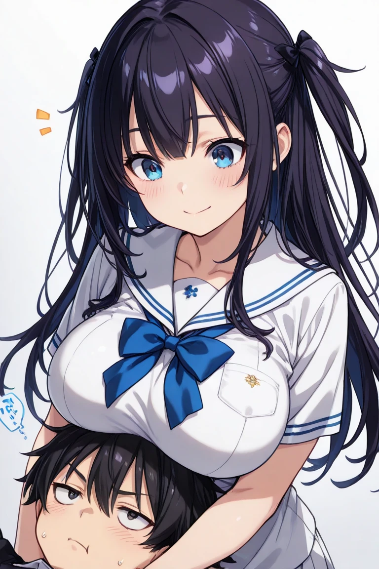 "(perfect masterpiece:1.2), (highest quality:1.2), stunning face, compensate, long and luxurious eyelashes, lip whole, irresistible charisma.",(()),(((twin tails))),raised his arms,NSFW,(((Chubby))),((((school uniform))),hair clip,wallpaper,(((black hair))),very long bangs,hair between eyes,((Are fat)),((blue skirt)),have a school bag,black long socks,smile,((((tanned skin)))),blue eyes,((panties))