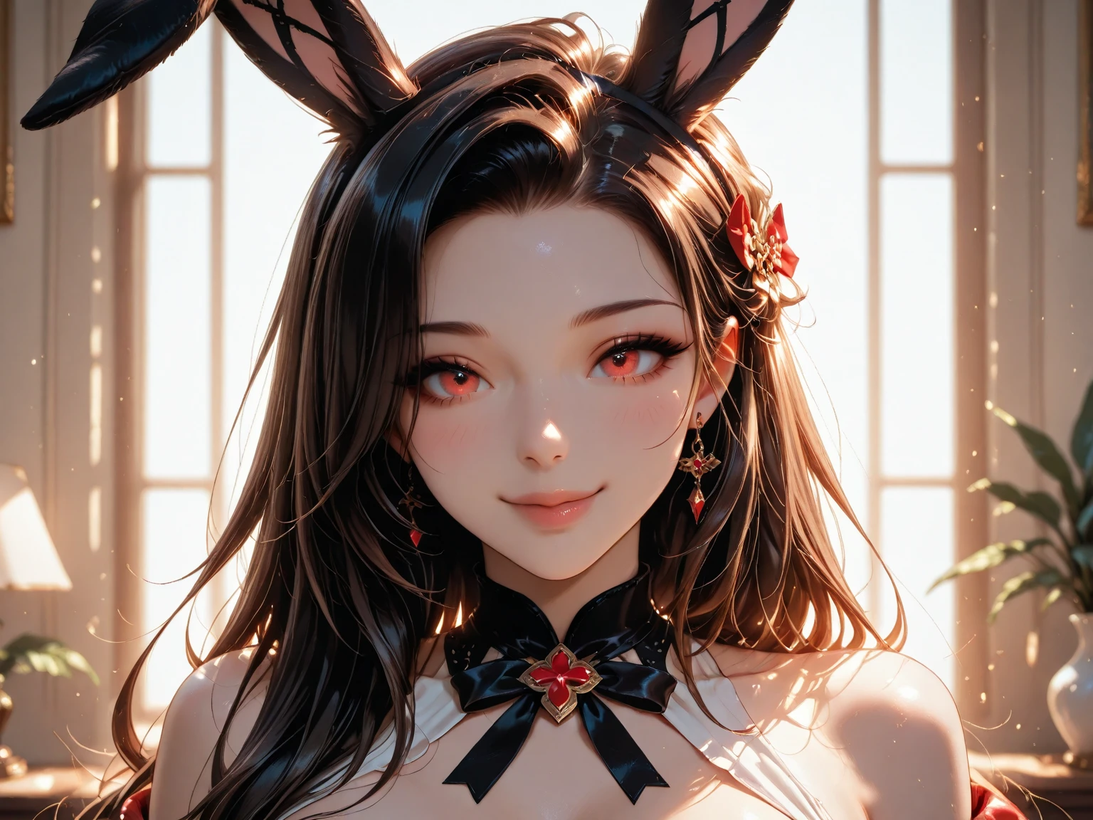 anime style, Cartoon close-up of a woman with ears and bunny tail, With a rabbit tail, With rabbit ears, girls design, Second-rate, portrait, gisha, anime image, long hair, black hair, hair covering ears, Sticking out tongue, open mouth, Polished and powerful look, exotic, High