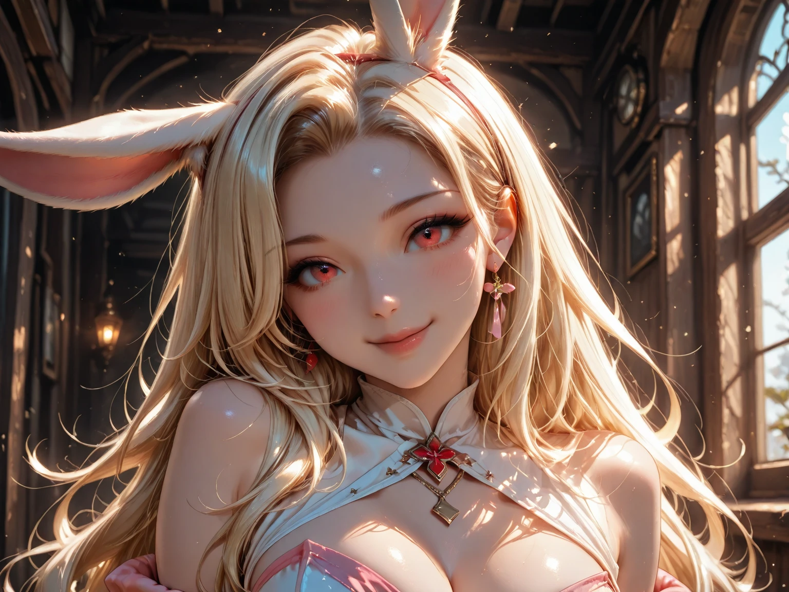 masterpiece, (textured skin), best quality, gorgeous beautiful girl, (a female rabbit ears,rabbit tail),,detailed clothes,large breasts,narrow waist,, (beautiful face), cinematic lighting, (fantasy anime art ),