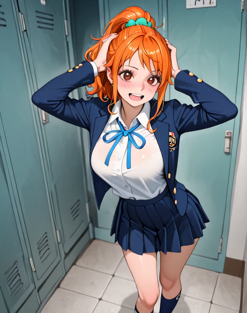 pieces fly、masterpiece、highest quality、Super detailed、High resolution、High resolution、8K portrait、Unity 8k壁紙のHigh resolutionCG、unity 8k wallpaper、cute:1.5、Highly detailed CG unity 8k wallpaper、realistic、real person、cute、 portrait photography、shiny skin、High resolution、((Orange Bob Hair:1.2))、(:1.2)、(1 girl)、(city road:1.6)、(school uniform:1.3),perfect face, seriously, (blush:1.5),(((clothing lift:1.5))),((I have nipples:1.5)) (midium breasts:0.8),((Orgasm in the vagina:1.5)),(green ribbon:1.2),(arm up:1.2)