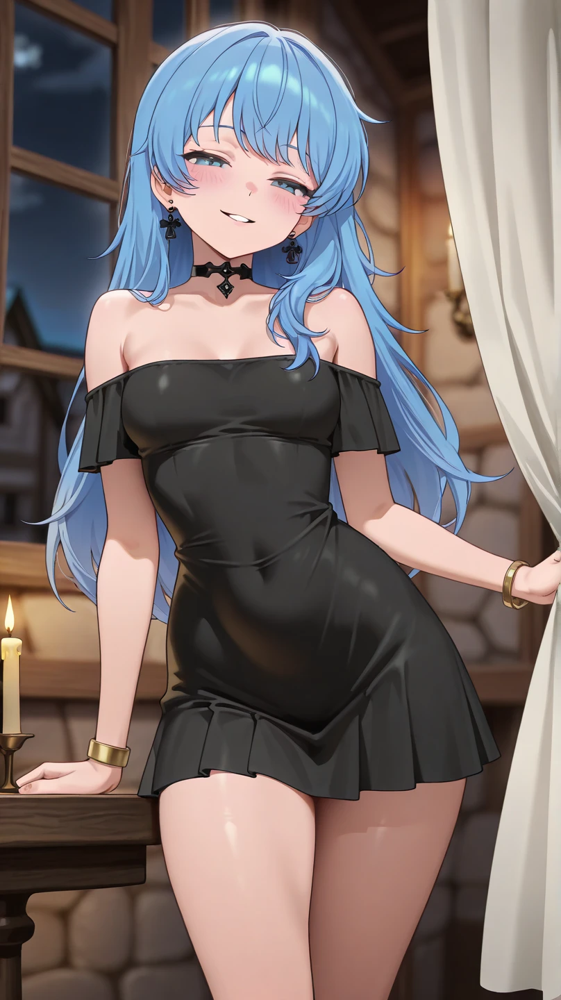 (((standing footjob pov Standing Footjob POV penis male legs,)))dark blue hair,,long hair,blue eyes,pointy ears,elf,dress
