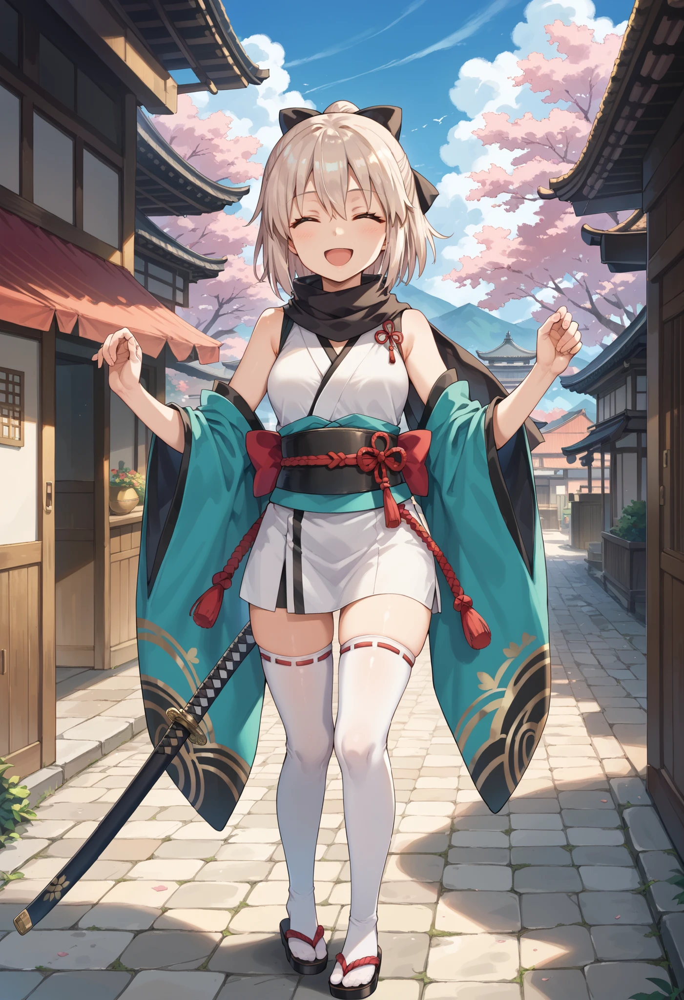  cute face, perfect face, perfect hands, 1teen_girl,okita souji \(FGO\), okita souji \(fate\), white_pink_ponytail,black_bow,sleeveless_white_short_kimono,
 smile,happy,gold_eyes, thigh-highs, (straw_sandals:0.6),medium_breasts,  ,town_background,black_long_scarf,knees,  black_cloth_gauntlet,open_mouth, bare_elbows,1katana, hand_grab_1katana's_hilt,standing