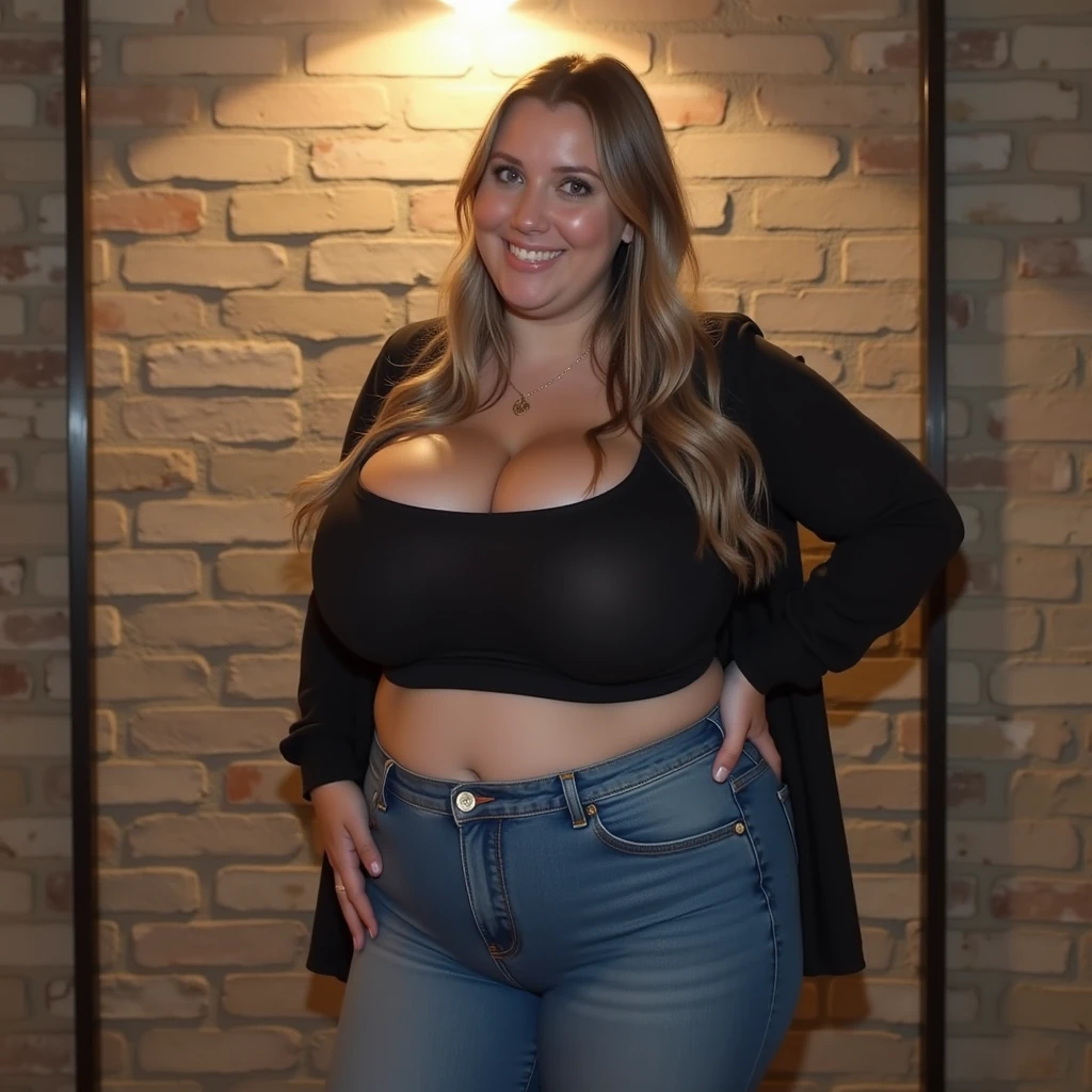 Chubby bbw thic fat blonde woman, blonde hair, wearing blue jeans and black blouse, posing for camera, in shopping mall with man, smiley expression