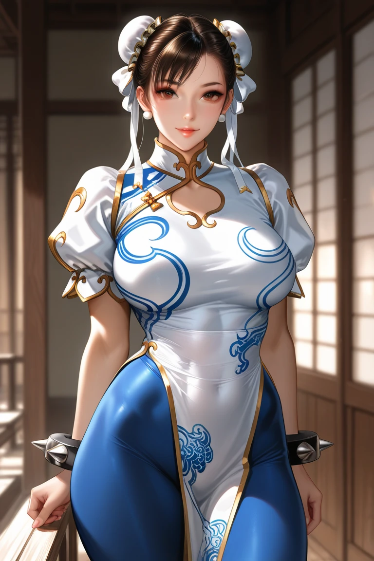 perfect eyes:1.2, detailed eyes:1.4, Chun Li, red eyeshadow:1.2, make up:1.2, white obi, qipao, nature, tree, brown eyes, short hair, brown hair, double bun, bun cover, blue dr.Ess, pelvic curtain, spiked bracelet, white sash, brown pants, cowboy shot, 1 girl, alone, (Masterpiece:1.6, best quality), 8k, crazy detail, intricate detail, hyper detailed, hyper quality, high detail, ultra detailed, professional, HDR, ray traced reflection, cinematic lighting,