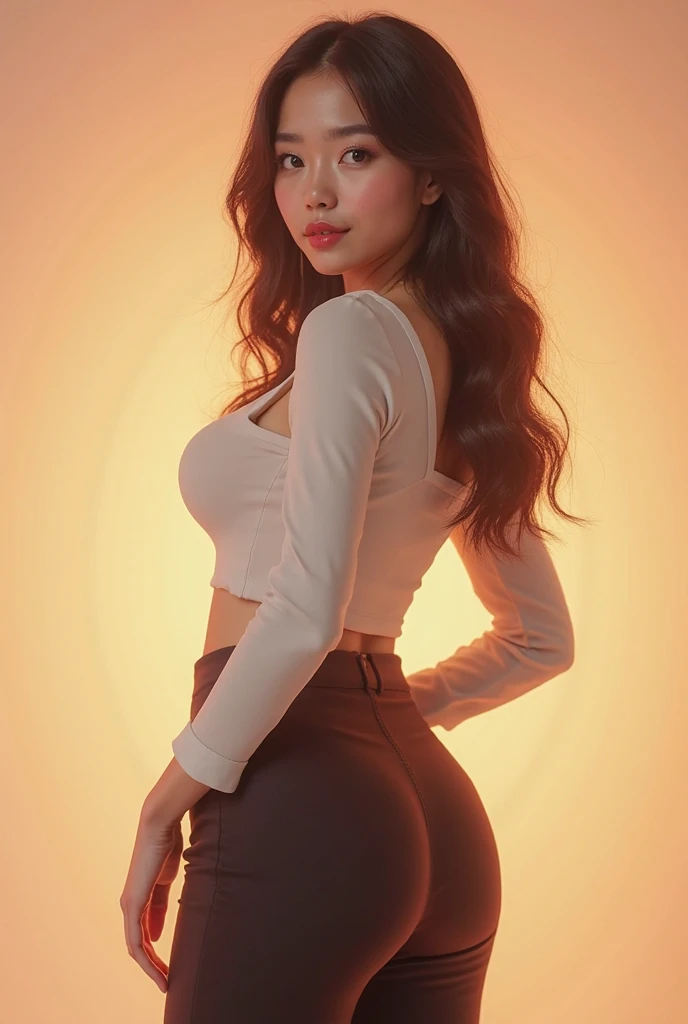 Editorial picture prompt: A skinny businesswoman with big, wide hips, showcasing trapezoidal hips in high detail, wearing jeggings at a random angle. Her random ethnicity adds an intriguing dimension to this high-resolution image. The corporate luxury setting exudes sophistication, with the sun setting in the background, casting a warm, golden glow. The woman's high-waisted jeggings hug her hips, accentuating their width, while her top blouse contrasts with the casual bottoms, symbolizing her professional demeanor. Her expressive face, adorned with minimal makeup, displays a slight smile, capturing the Rebecca Meada-es