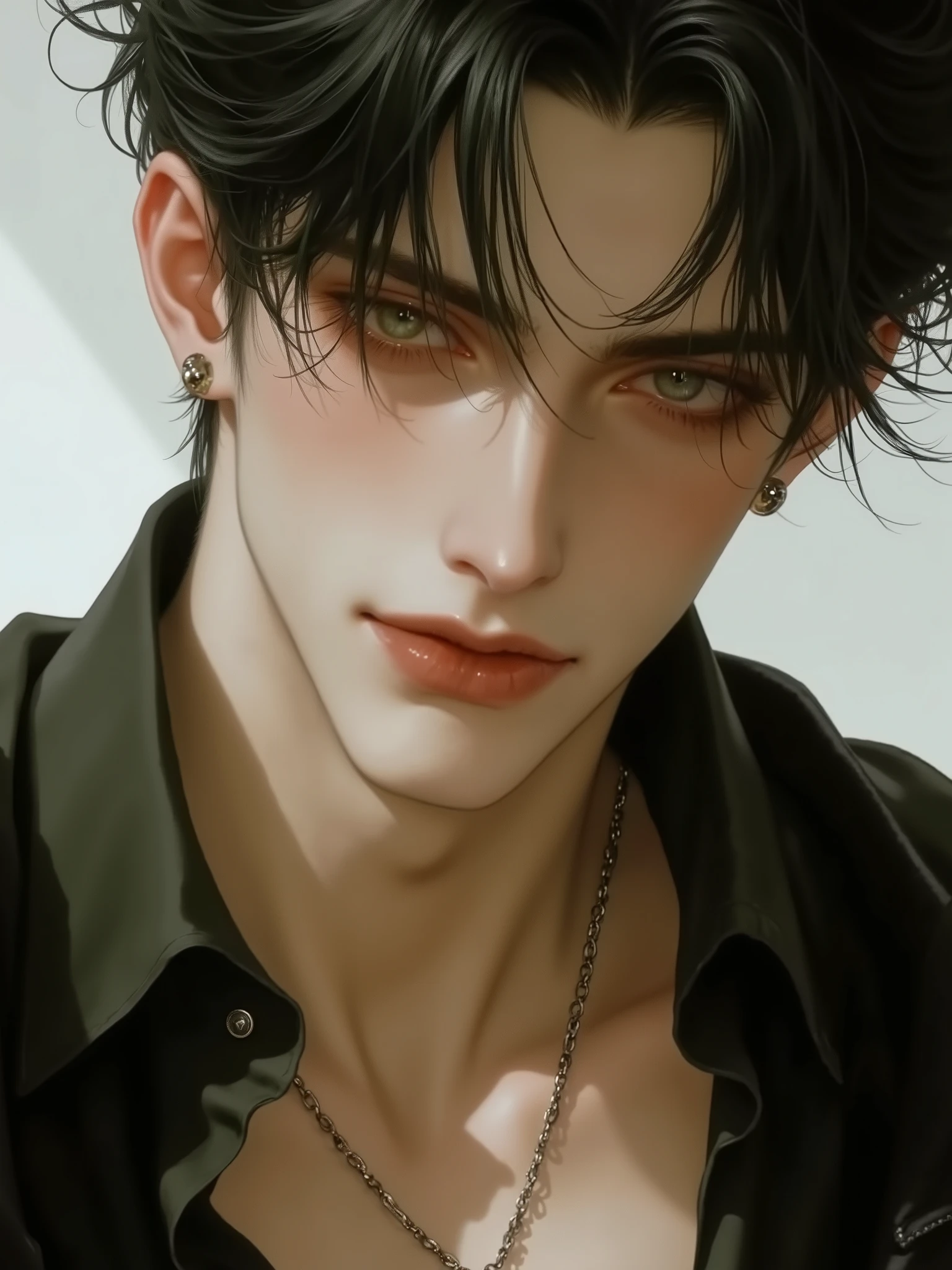 (masterpiece , best quality , amazing quality , very aesthetic , high resolution , ultra-detailed , absurdres , optimal quality , wide-angle lens),
A handsome , man with sharp ,((Emotionless)), Black hair,(green eyes) , fit, toned, short hair , upper body, short hair , ((expressionless,)) eyes , Tightly closed lips , well-shaped mouth , pale skin , tall and fit body with defined muscles, abs , mullet hair, {{{fine eyes }}}, Modern , fashion style, black shirts , broad shoulders , statue-like body , well-toned muscles , upper body shot , cowboy shot ,Korean Male, ,Styling Hair , Dynamic warm lighting , dramatic shadows . Cinematic lighting ,( White background )
