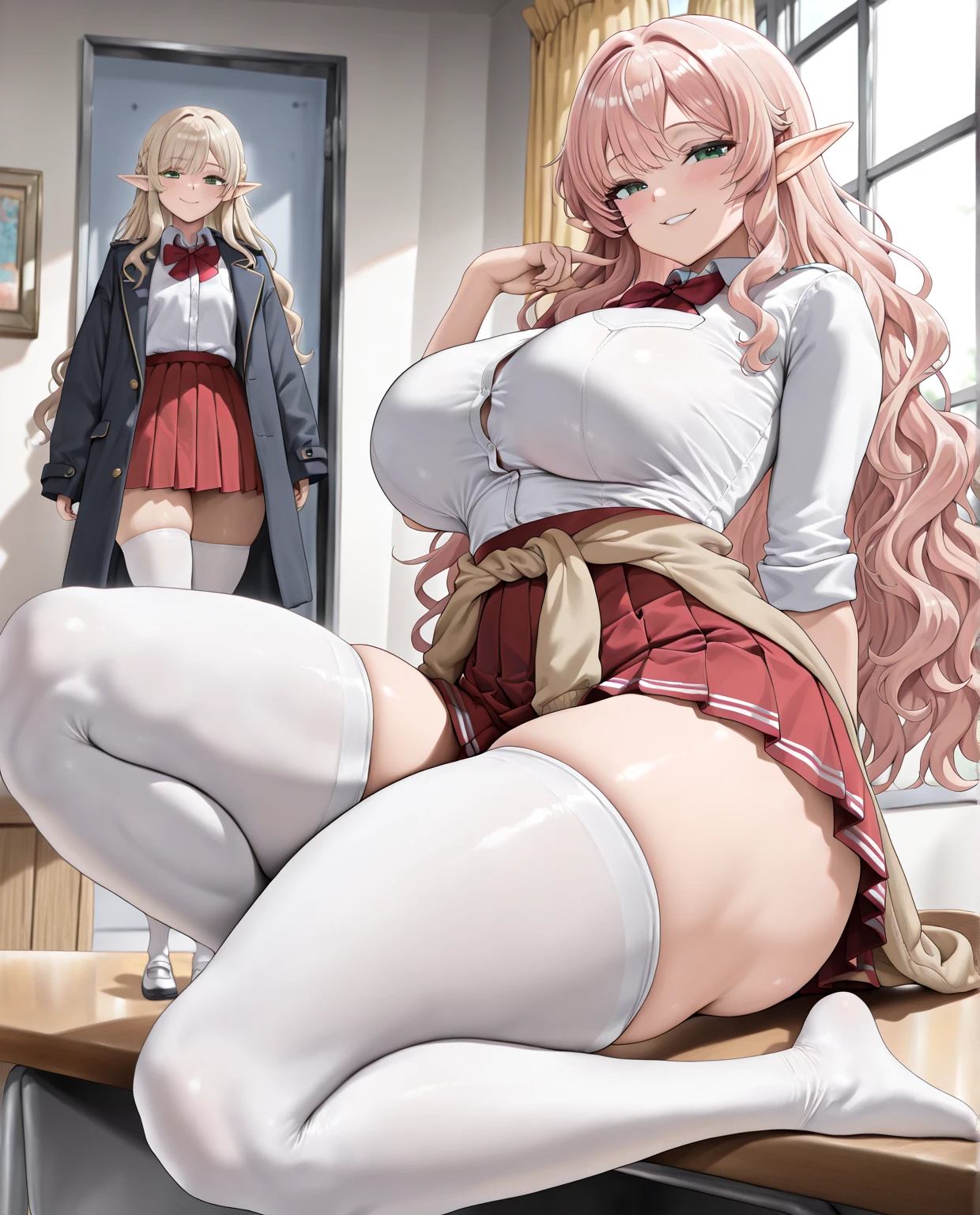High resolution, masterpiece, Highest quality, 1,young woman ,blonde ,Very long hair, Pointy Ears, Twin Drill, Red eyes, One personで,Ahoge,Fairy,Drill Hair, Hair between the eyes, bangs, Hair Intake, Hair behind the ear, Long sleeve, school uniform, Red Skirt, Red bow tie, Black corset ,Knee socks, White shirt,(masterpiece:1.0), (Highest_quality:1.0)photograph, 8k, High resolution, High resolution, Absurd, (white and black panties), (show off panties: 1.3), (standing), (skirt lift: 1.3), (from below)