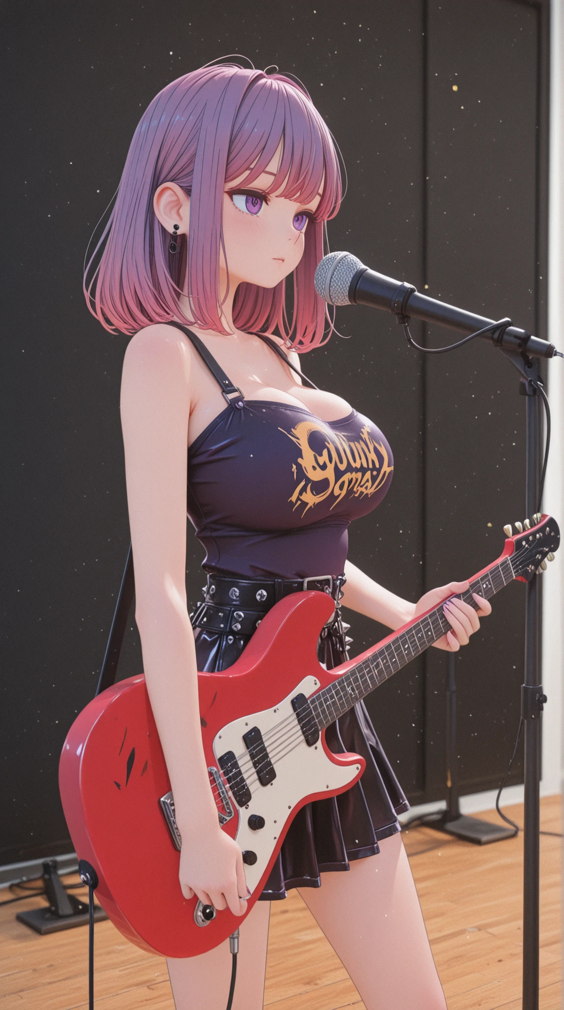 ((masterpiece,best quality))1girl, solo, black skirt, blue eyes, electric guitar, guitar, headphones, holding, holding plectrum, instrument, long hair, , music, one side up, pink hair, playing guiter, pleated skirt, black shirt, indoors, (large breasts:1.6), (breast expansion:1.6)