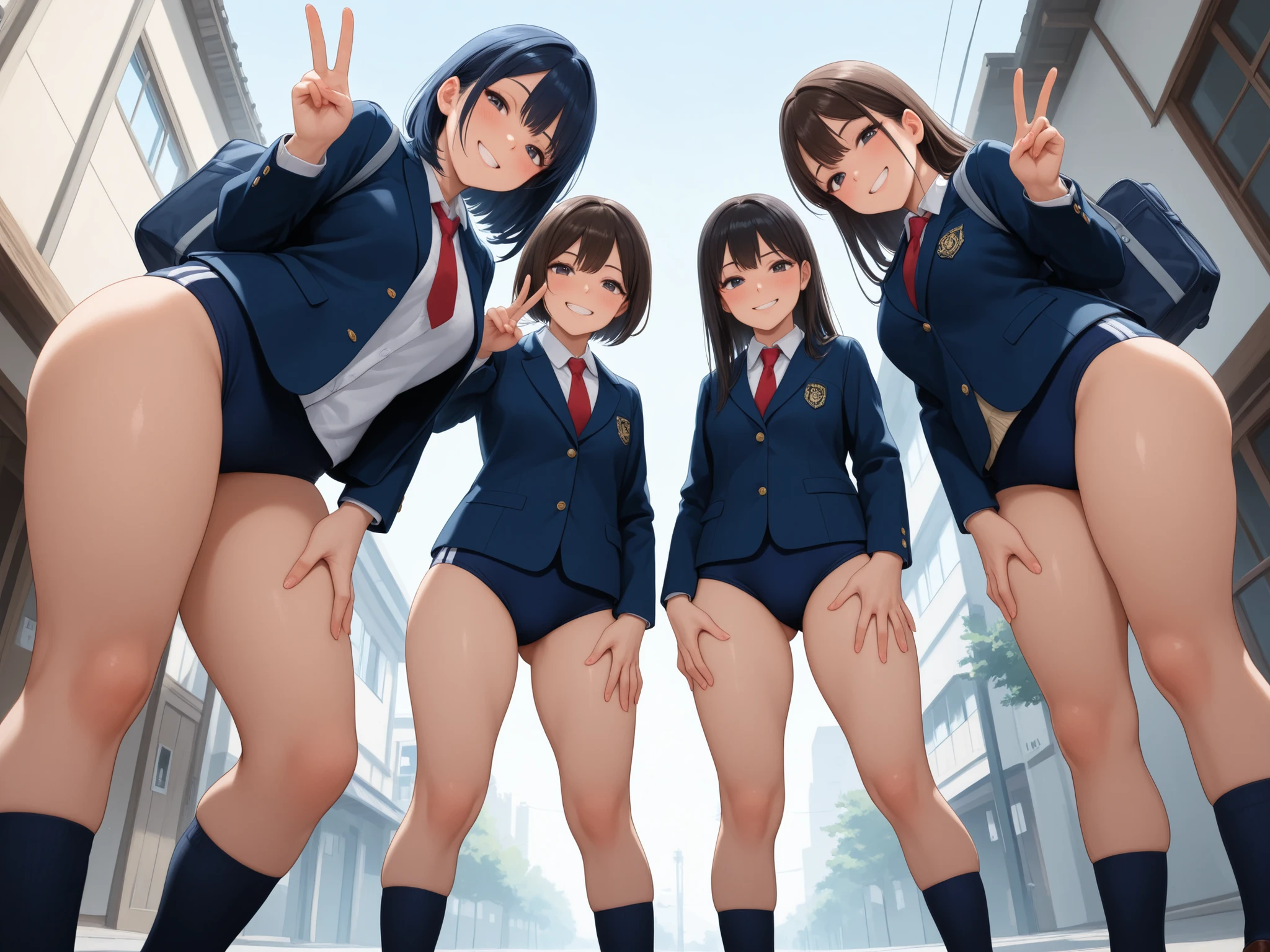 nsfw,high quality,high resolution,masterpiece,many girls,disgust,blush,blazer,open shirt,show off breasts,nipple,skirt lift,panties,looking at viewer,standing,full body,front view,from below,school,indoor,