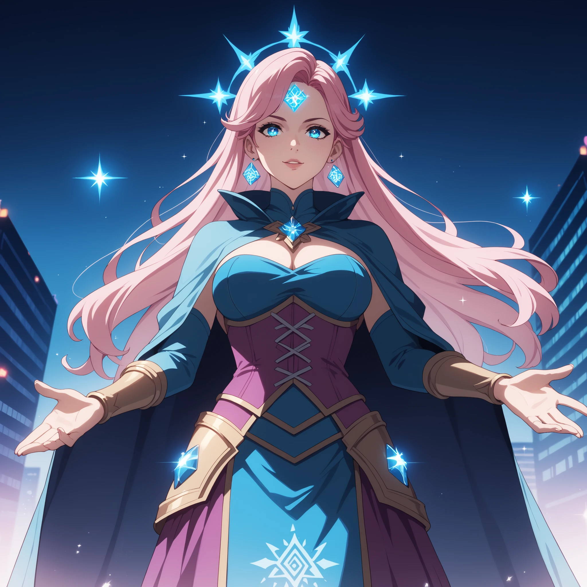 "Anime-style magical vigilante girl standing atop a glowing city rooftop at twilight. She has long flowing pink hair, soft but piercing sky-blue magical eyes, and a curvy figure with a confident and graceful stance. She wears an elegant pink and sky-blue outfit adorned with glowing arcane symbols. Her cloak, flowing behind her, has a pointed hood and a mystical trim, fluttering with the wind. The bodice of her outfit is slightly form-fitting with magical inscriptions across her chest and arms. Sparkles of light and energy swirl around her fingers as she prepares a spell. The city below glows with magical lights. Ultra-detailed anime illustration, warm and soft lighting, high resolution, fantasy urban atmosphere."