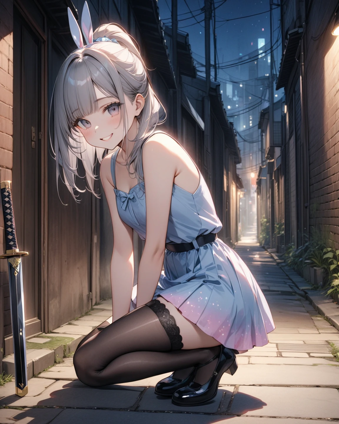 masterpiece, Highest quality, Very detailed, High resolution, An expensive solution, High resolution, 4K, 8k, ユニティ 8k 壁紙, Very detailed CG, masterpiece, Realistic, 2D, 3d, Beautiful details, depth, Fine texture, Great quality: 1.3, Fully focused, Crispy.skin, .he, A very cute anime about , Expensive silver short hair, he女は年をとっています, alone, pretty blue dress, blush, Mole, Release your lips, hair ornaments, heart, Purple eyes、?????? in mouth、A defiant smile、In a dimly lit alleyway, I rolled up my skirt、クーラーの室外機の上にsit、?????? close-up、Angle from below、I can see your underwear、Translucent slip、Spread your legs、Looking down from above、front、sit、Cotton panties
