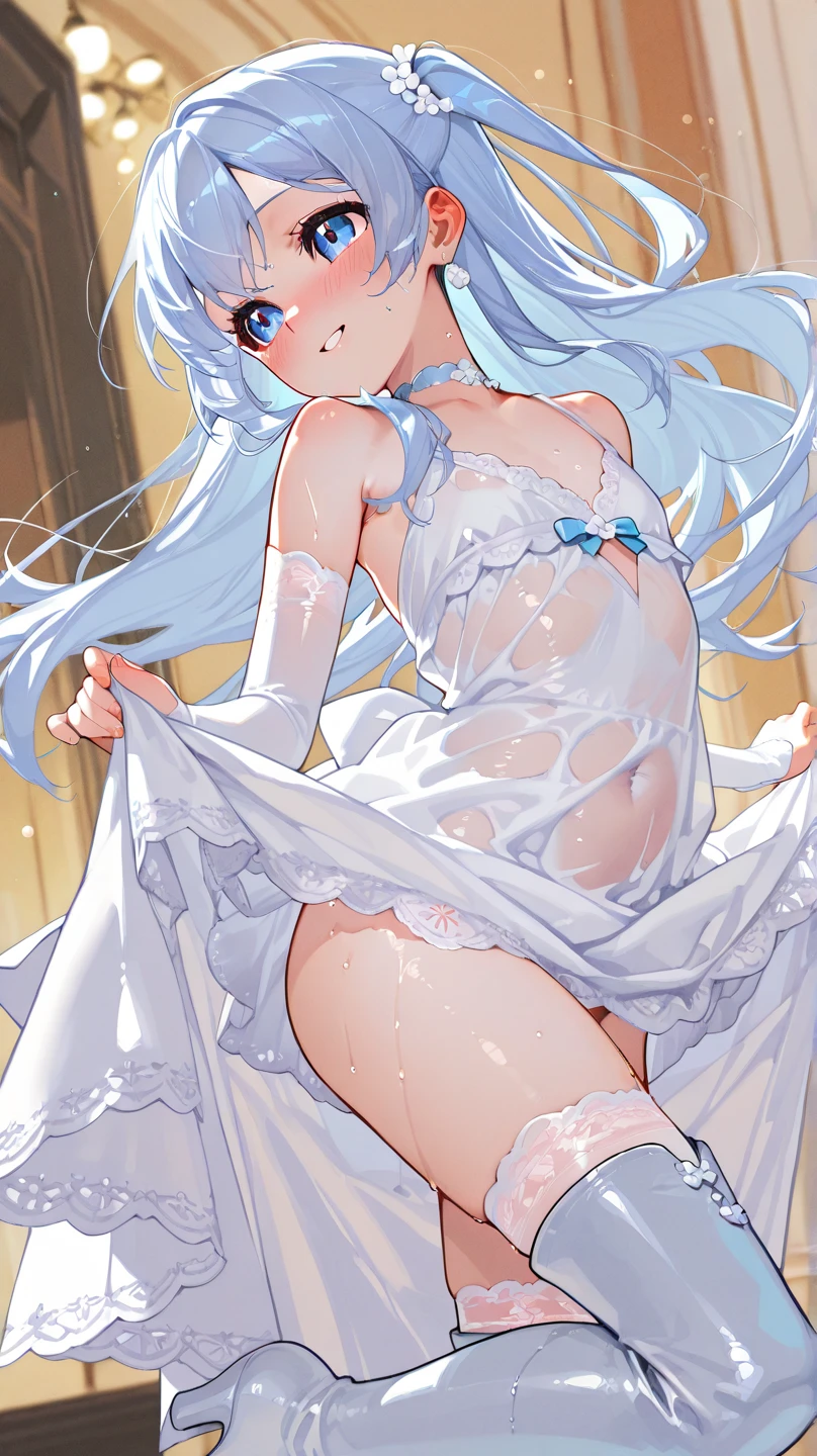 Girl white transparent stockings transparent pajamas legs white hair cute dance standing raised one leg over head