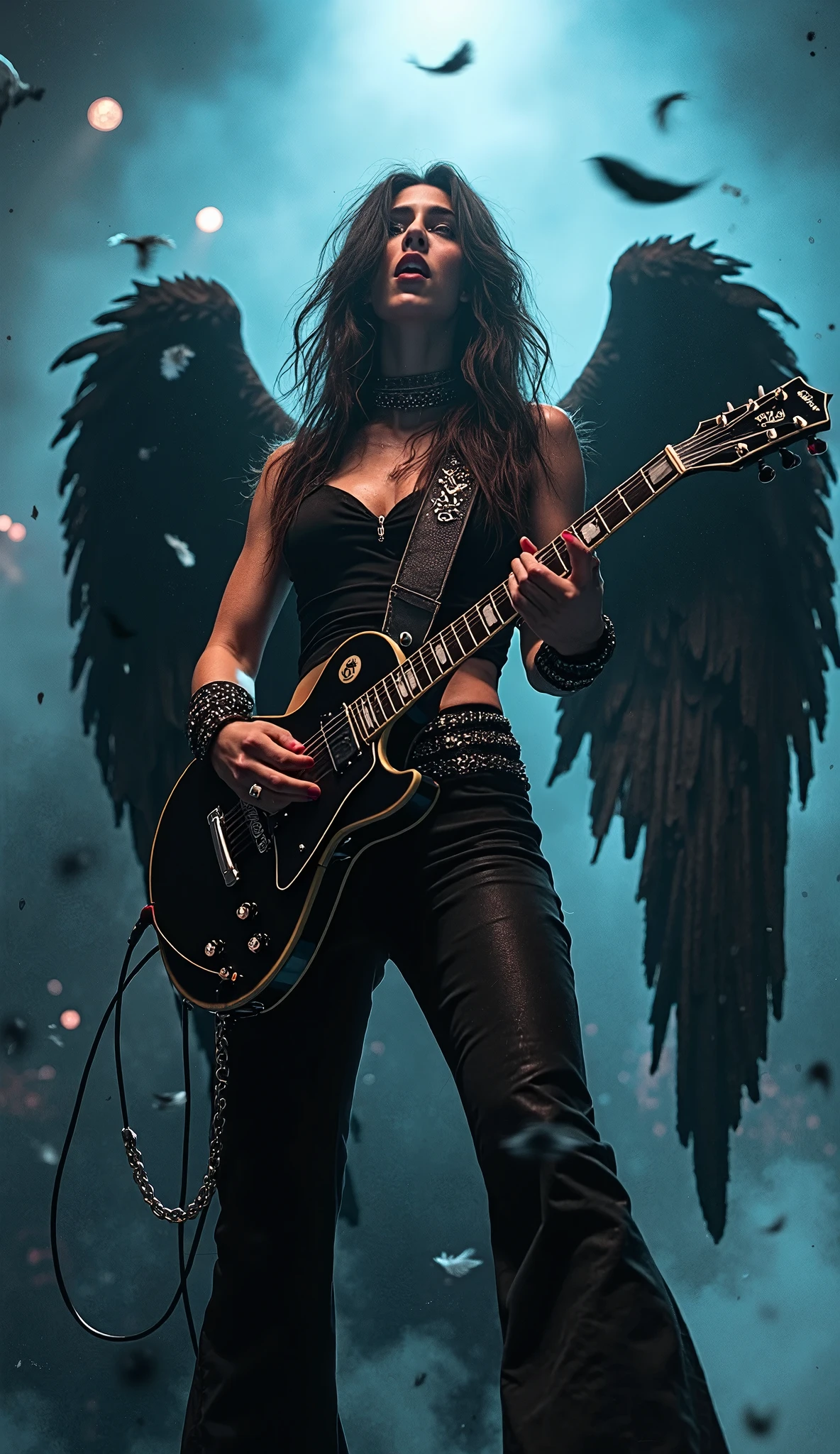 Illusion of an indigenous girl, with a black silver harness on top, long straight hair with feathers, high-heeled boots, accessories on her arm. a pet wolf, rocker with angel wings, angel halo, black electric guitar, leather jacket and stepping on the devil, in an underworld setting.