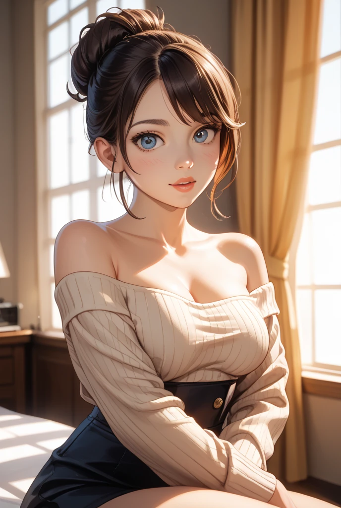 (masterpiece:1.2, best quality), (1lady, solo, upper body:1.2), clothing: loose bag, cute short sleeves, accessories: holding a signature pen, hair: dark blue shoulder-length short hair Makeup: natural, glowing skin, behavior: square, sitting at the table, smiling location: study, study desk, blue eyes, huge breasts,