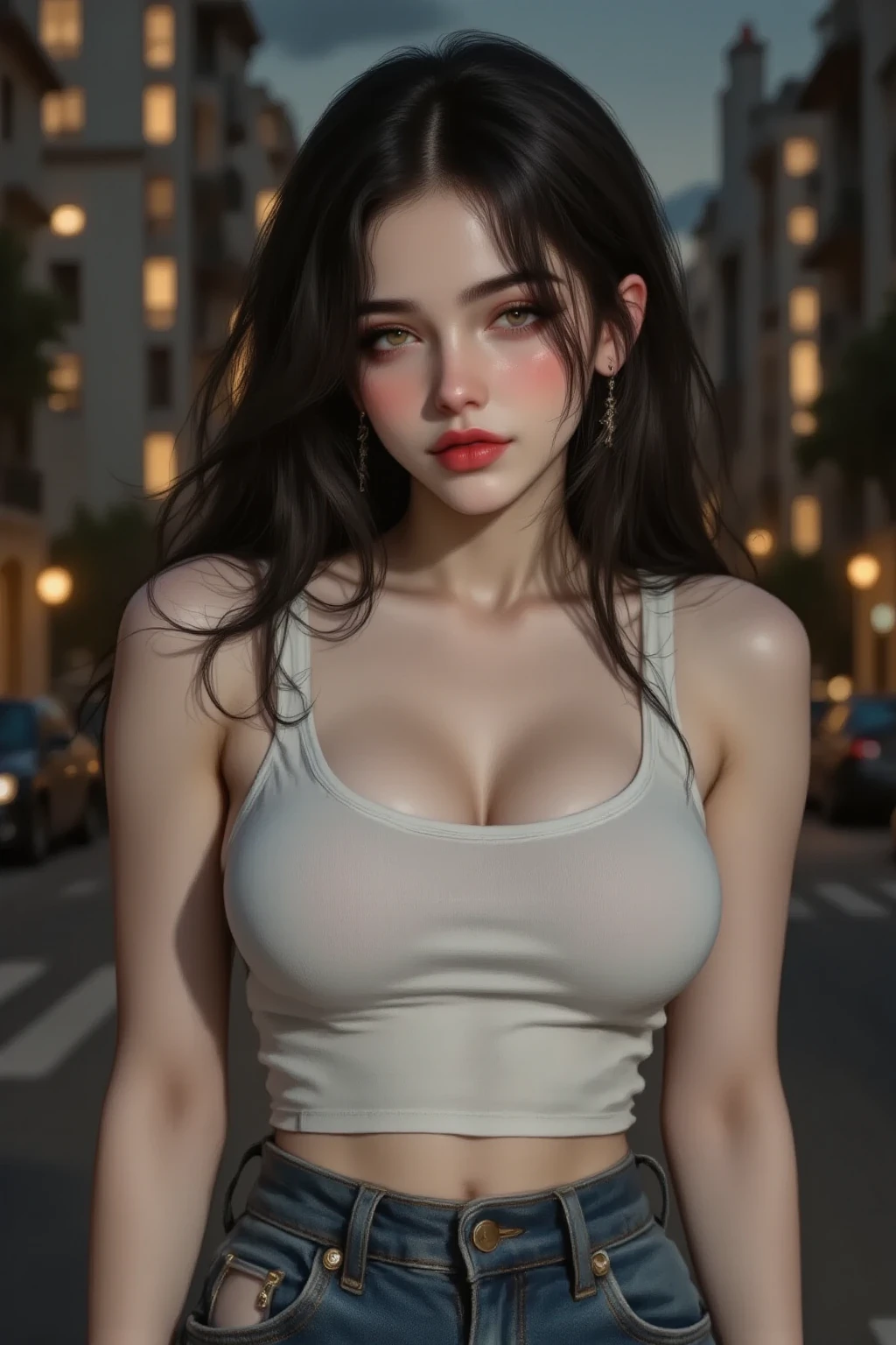 Portrait of a beautiful woman, looking unhappy and sad, looks at the camera, shiny flowing hair, wearing a casual loose top outfit, sun beaming, normal map, diffuse map, roughness map, light map, reflection map, global illumination volumetric uplighting and shadow, fantasy, ethereal