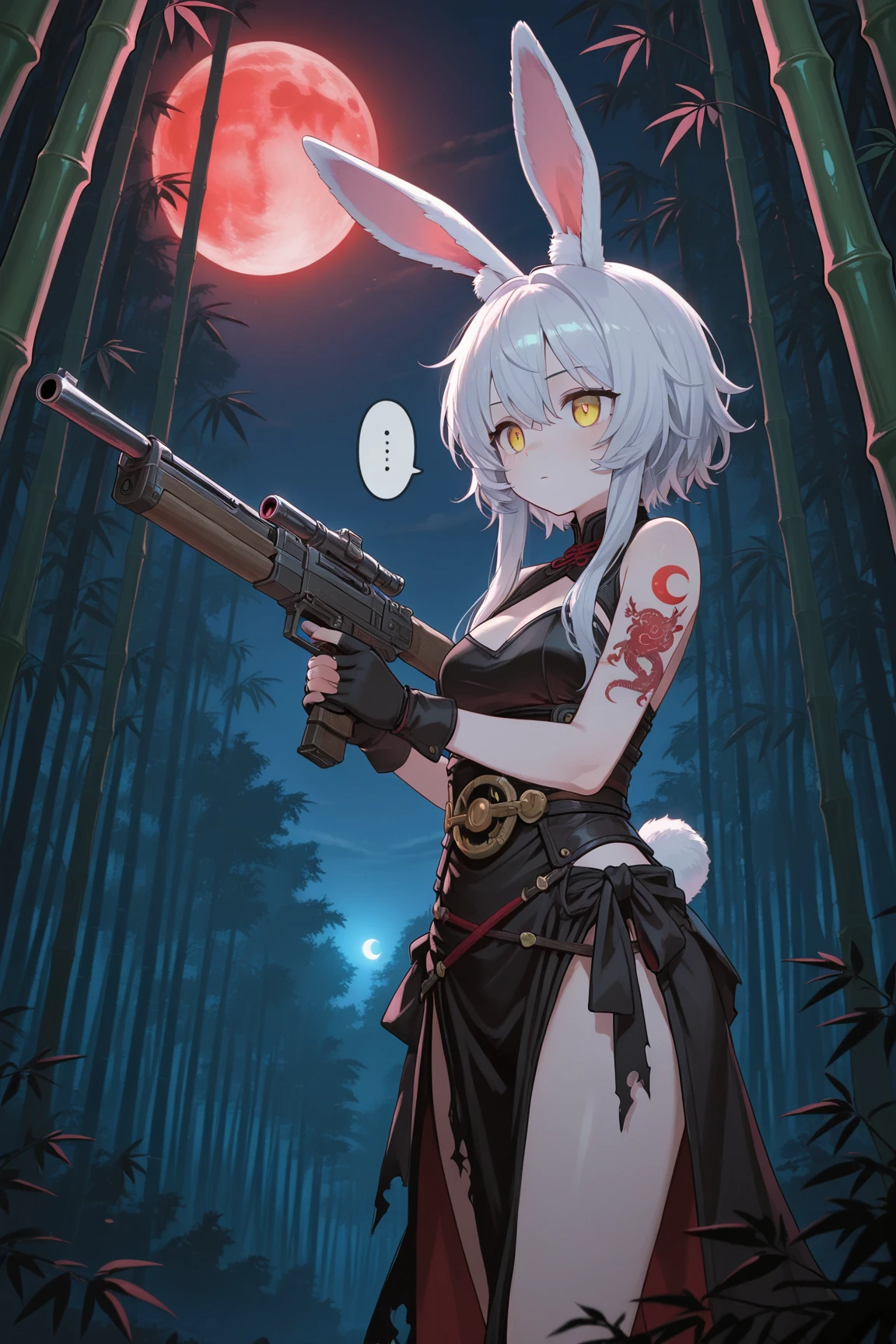 1 girl, shiny backlight, volumy long ponytail, silver hair, red eyes, middle breasts, her hair is fluttering down, white fantasic leotard outfit, white long loincloth,brown belts, long Quiver of Arrows behind back, open legs,open thighs, arched back, scerious, aiming, gazing, cowboy shot, masterpiece, best quality, general, cowboy shot