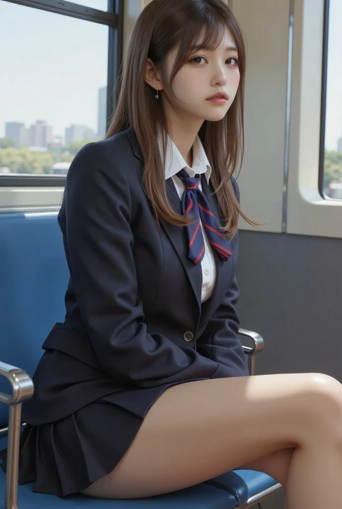 (8K), (best quality: 1.2), (realistic), (realistic: 1.37), ultra high resolution, 1 girl, cute, serious face, closed mouth, beautiful details, beautiful nose, beautiful hair, ponytail,huge two cells, pork, thighs,Self Snap,College student ,sitting on a train in tokyo,simple blazer,pleated skirt,(The pattern of the skirt and tie is a tartan check pattern....:1.3),cross one's legs, from above,(thighsにクローズアップ),(光沢のあるthighs),(opaque blue knee high socks:1.2)