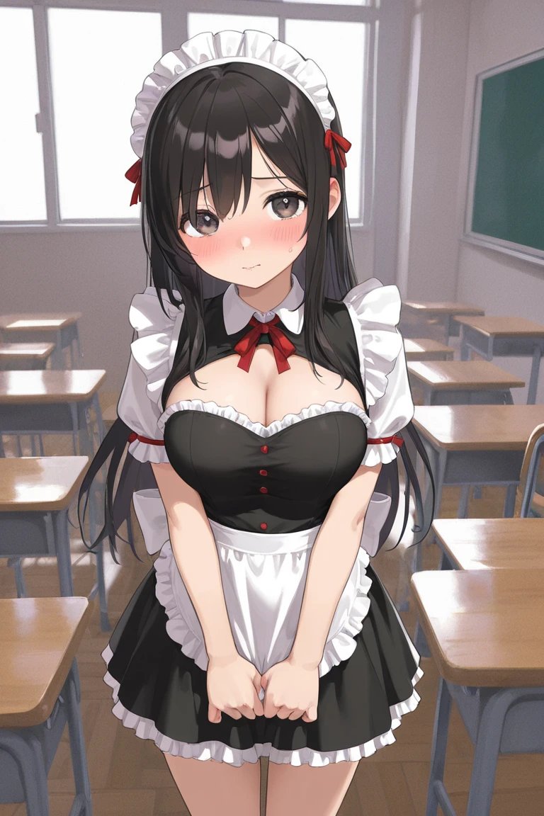 (highest quality), (masterpiece), 1080p, hd, 4k, 8K, 2 Girl, embarrassed, ((Maid clothes)), classroom, breasts in hand, Shoulder Bare, pov, breasts blowjob, between breasts, paizuri, breasts, breast squeeze, open mouth, fang teeth, panicked face, exposing nipples, Frills, ((micro bikini)), , Frillsビキニ, small breasts, Photographed from directly above, long black hair, two side up, Thigh-high socks, 18-year-old, flip flops, strap, Waist button, smile